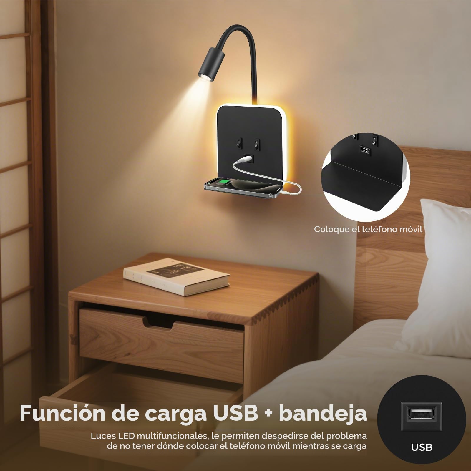 Aplique LED de pared para interior, lámpara de lectura LED para mesita de noche con interruptor, puerto USB, bandeja, lámpara de pared ajustable 360°, lámpara de lectura para mesita de noche(B)