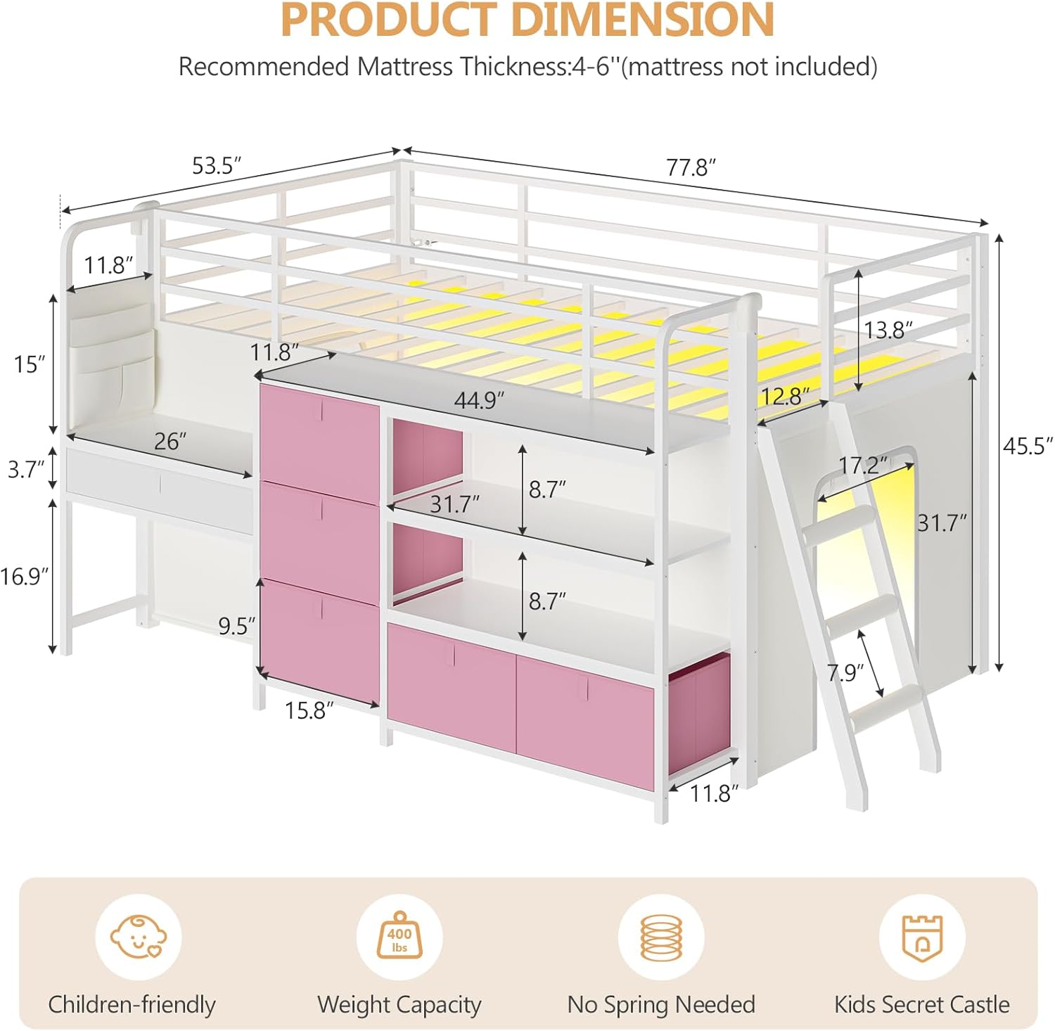 DICTAC Low Loft Bed with Desk and 6 Storage Drawers Twin Loft Bed with Bookshelf,LED Lights & Under-Bed Play Space,Kids Twin Beds with 13.8''H Safety Guardrail,Inclined Ladder&Play Curtain,Pink+White Pink+white Twin