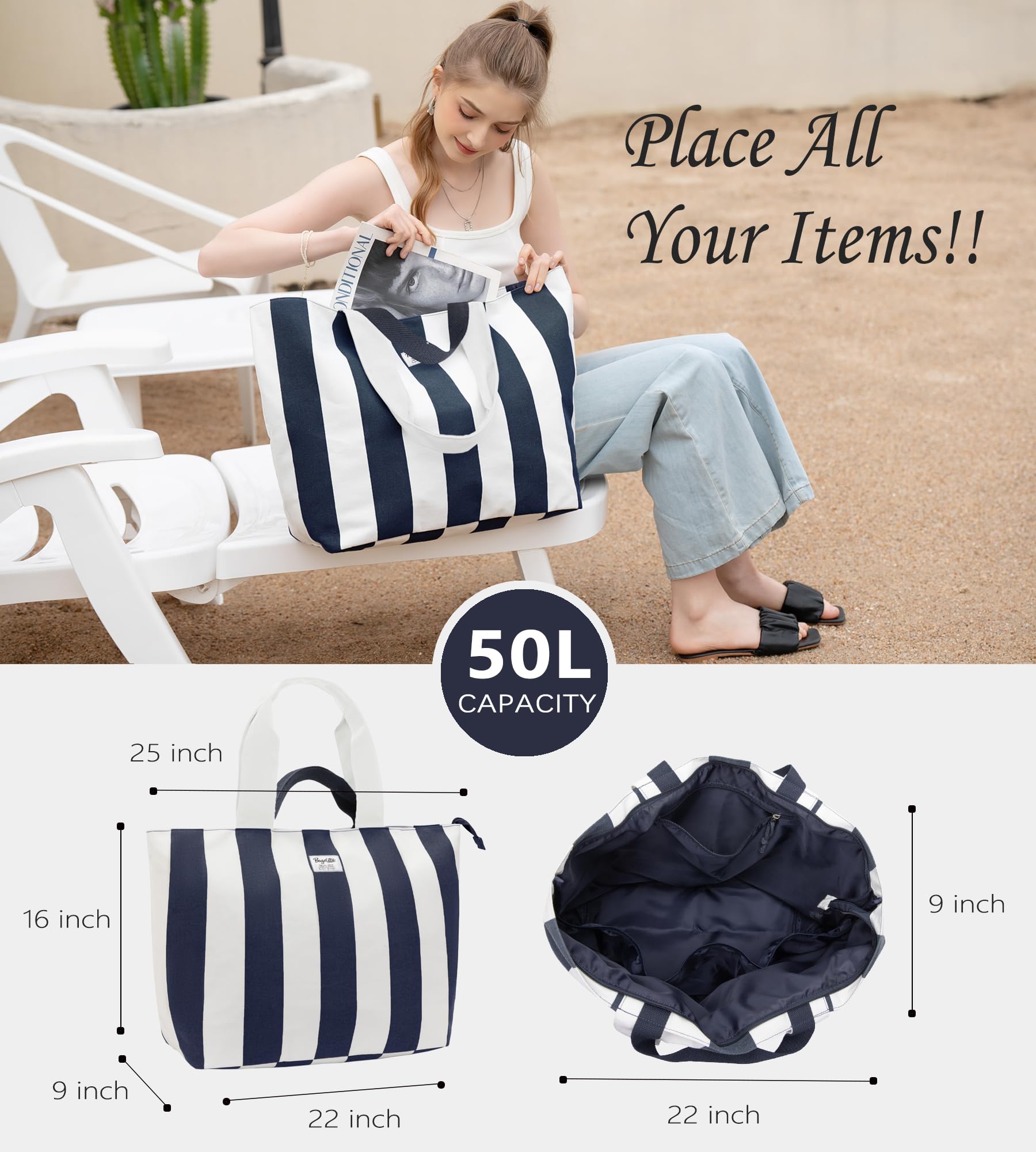 Bagelite Bolsas de playa extragrandes de 22 pulgadas, 50 L, bolsa de playa XL con cremallera, bolsas de noche para mujer, para viajes, fin de semana, piscina, azul y blanco, Azul Blanco, XL, Viajes a