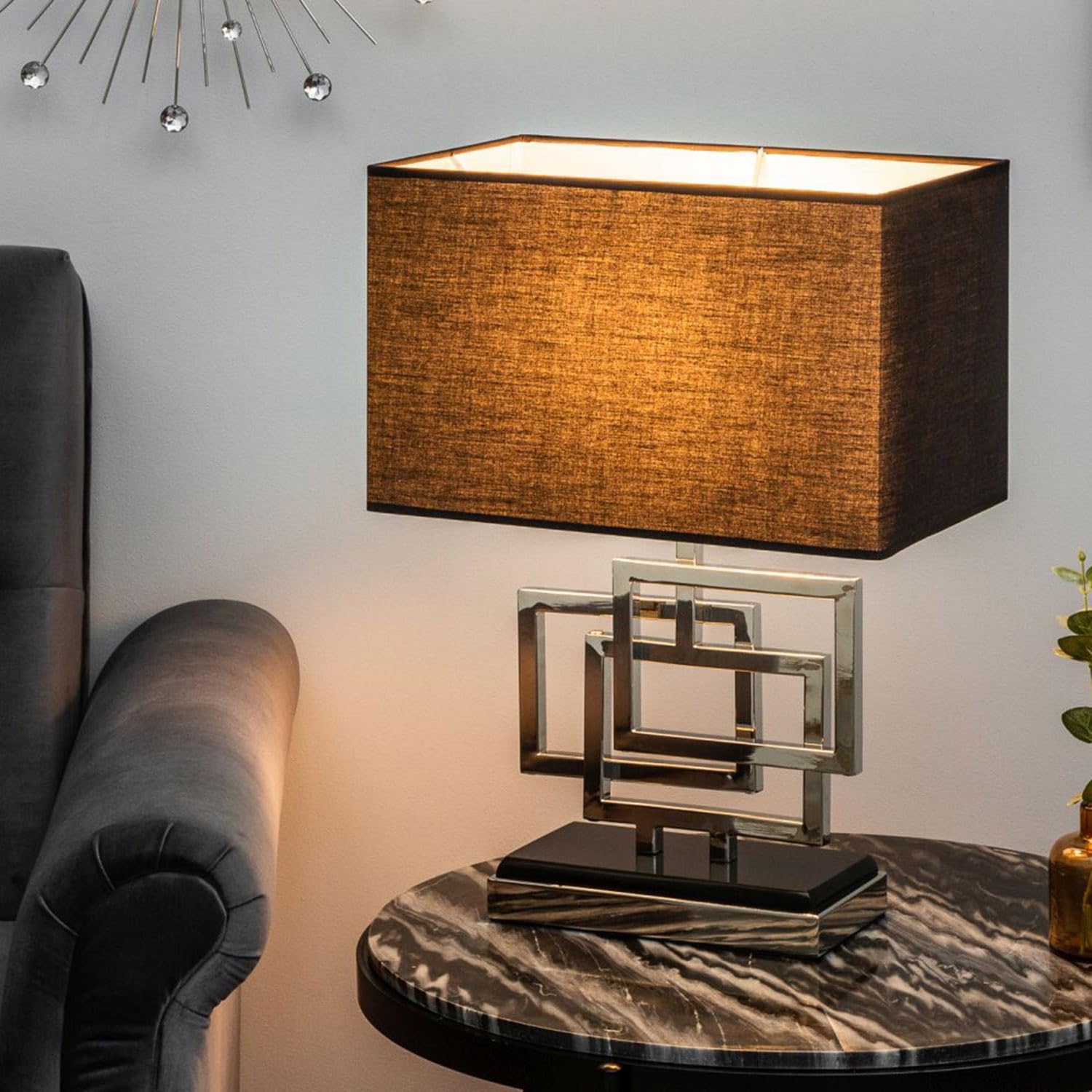 Kwadratowa lampa stołowa ze srebrno-czarnego metalu i tkaniny H: 49cm Nowoczesna lampka nocna oświetlenie otoczenia lampa stołowa jakość wnętrza
