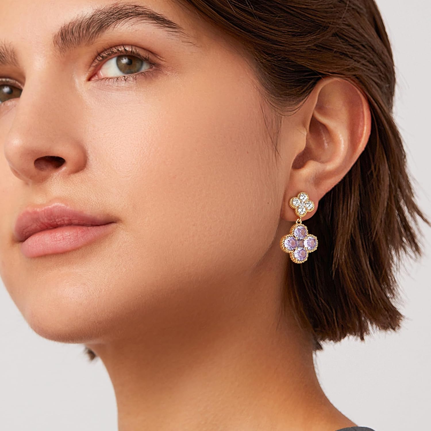 MTMY Dangle Earrings for Women 14K Gold Plated Four Leaf Clover Dangling Drop Birthstone Stud Earrings Trendy Flower Birthstone Jewelry Birthday Gifts - Image 2