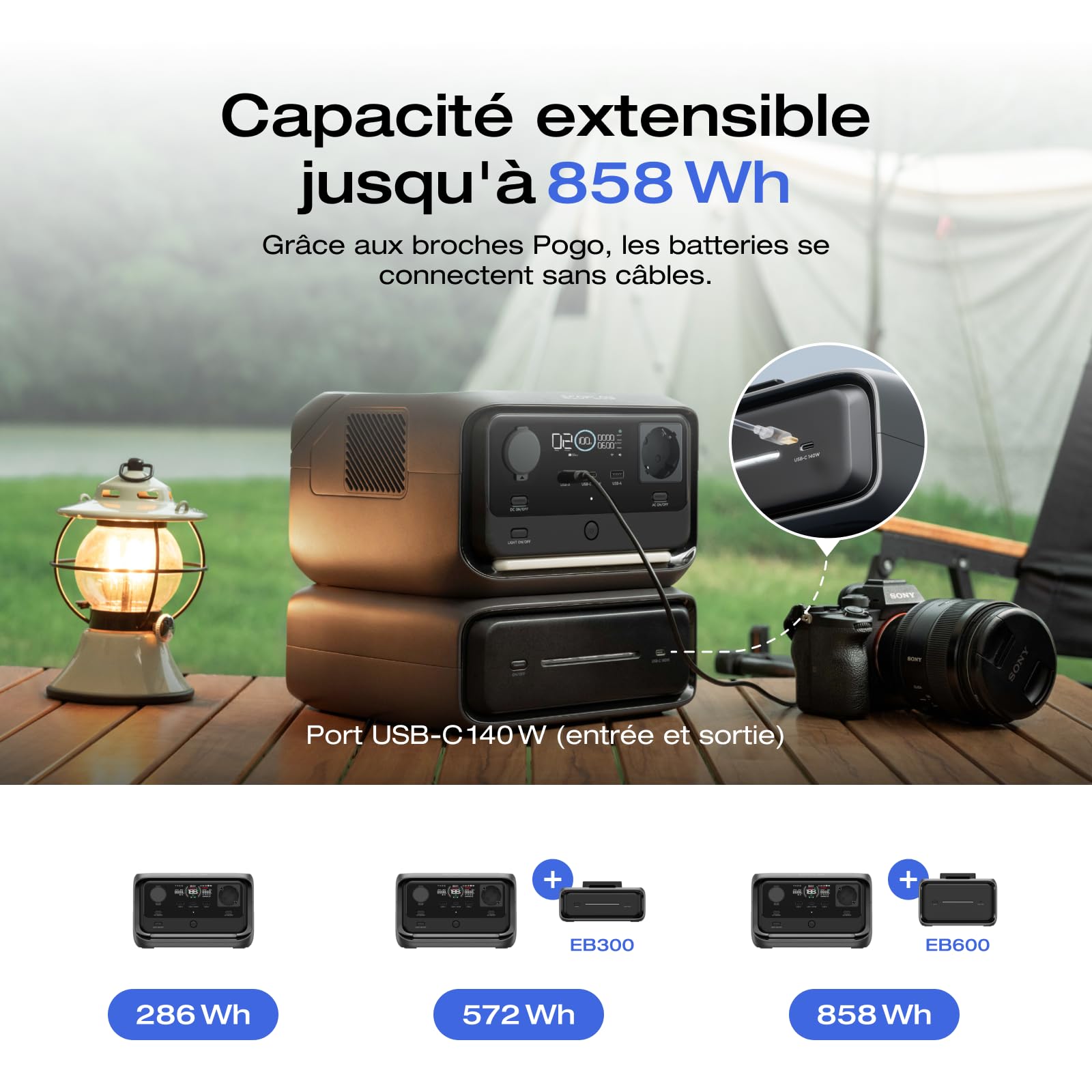 EF EcoFlow RIVER 3 Plus Station électrique portable, batterie LFP 286Wh | autonomie 16h pour appareils <100W, extensible à 858Wh, UPS<10 ms, générateur solaire pour camping et camping-car