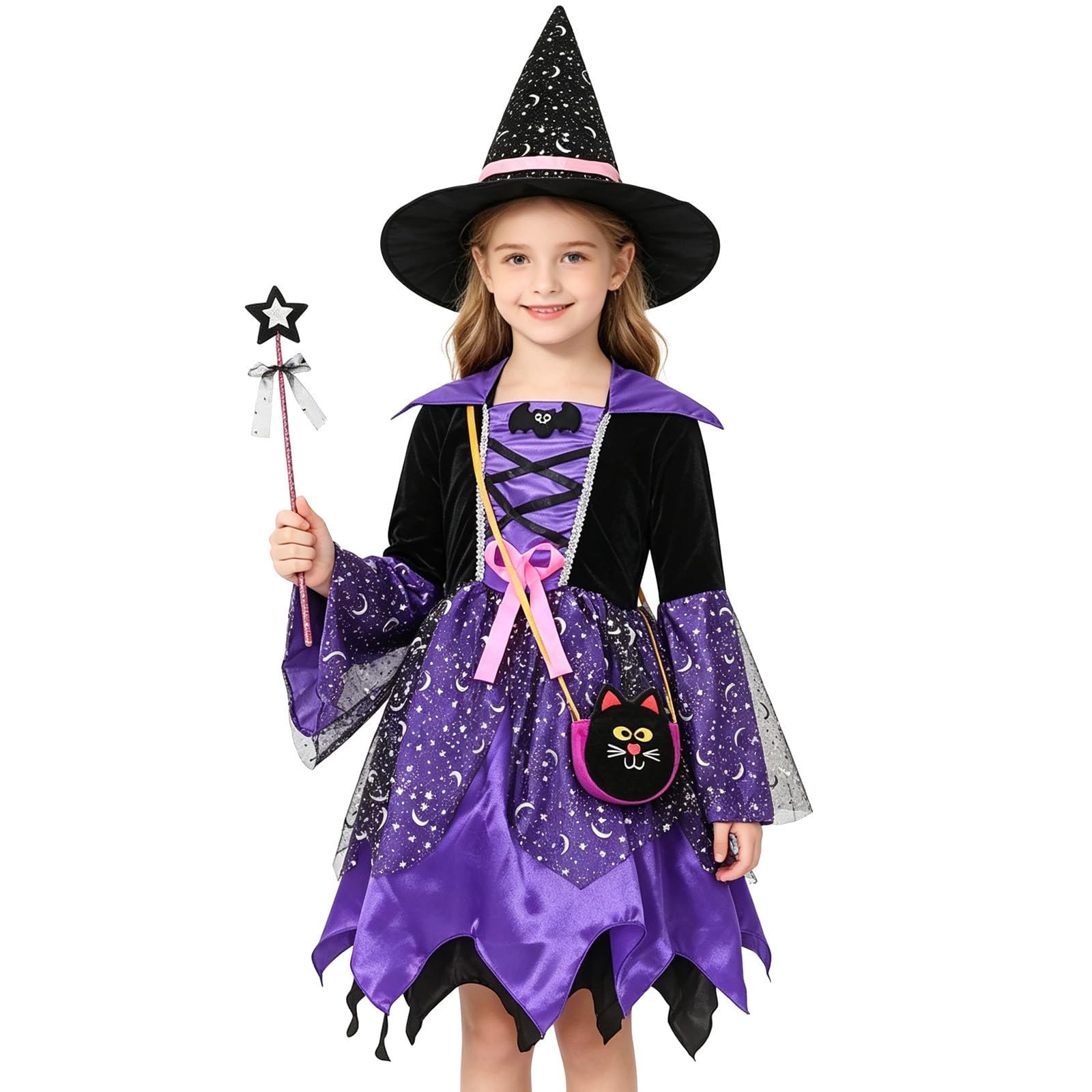 Witch Costume Kids, Halloween Costumes for Girls, Witch Dresses with Hat, Bag and Magic Wand 4 Piece Set, Witches Dress Up Outfit for Girls, Kids Fancy Dress, Carnival Party Halloween Cosplay