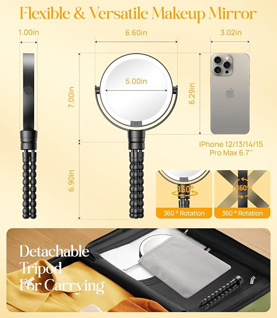 Gospire 5.85 inch Tripod Lighted Makeup Mirror Light and Magnification 1X/10X, 4 in 1 Handheld Hanging Wrap Standing Mirror, 3 Colors and Adjustment Light Round Travel Mirror - Black