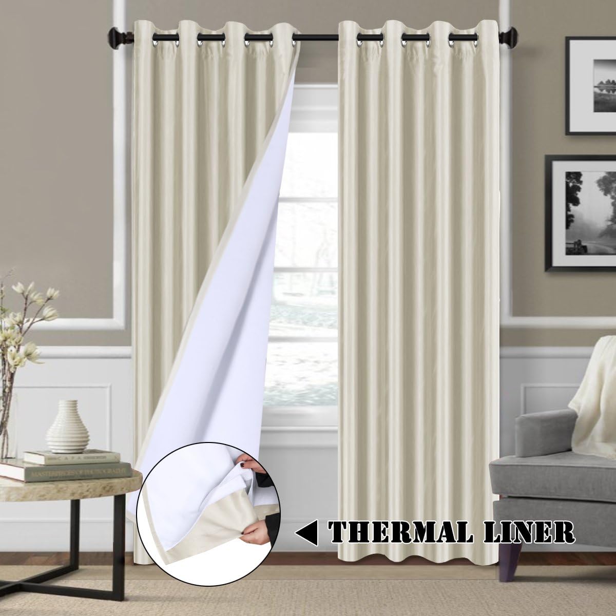 H.VERSAILTEX Full Blackout Curtains for Bedroom Dupioni Faux Silk Lined Curtains for Living Room - Thermal Insulated & Energy Efficiency, Nickel Grommet Privacy Assured 84 Inches Long, Ivory