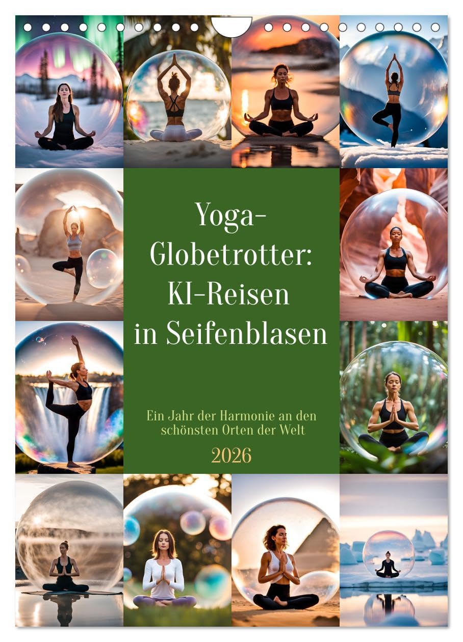Yoga globetrotters: AI travel in bubbles. A year of harmony in the most beautiful places in the world UK-Version (Wall Calendar 2026 DIN A4 Portrait), CALVENDO 12 Month Wall Calendar — image 1