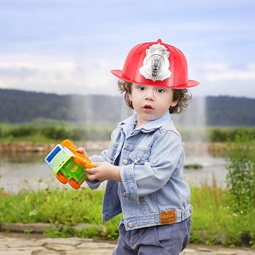 Miniatura 8 de Lurrose Sombrero de bombero de plástico para niños, sombrero de bombero rojo, casco de bombero, casco de bombero para niños, accesorio de disfraz