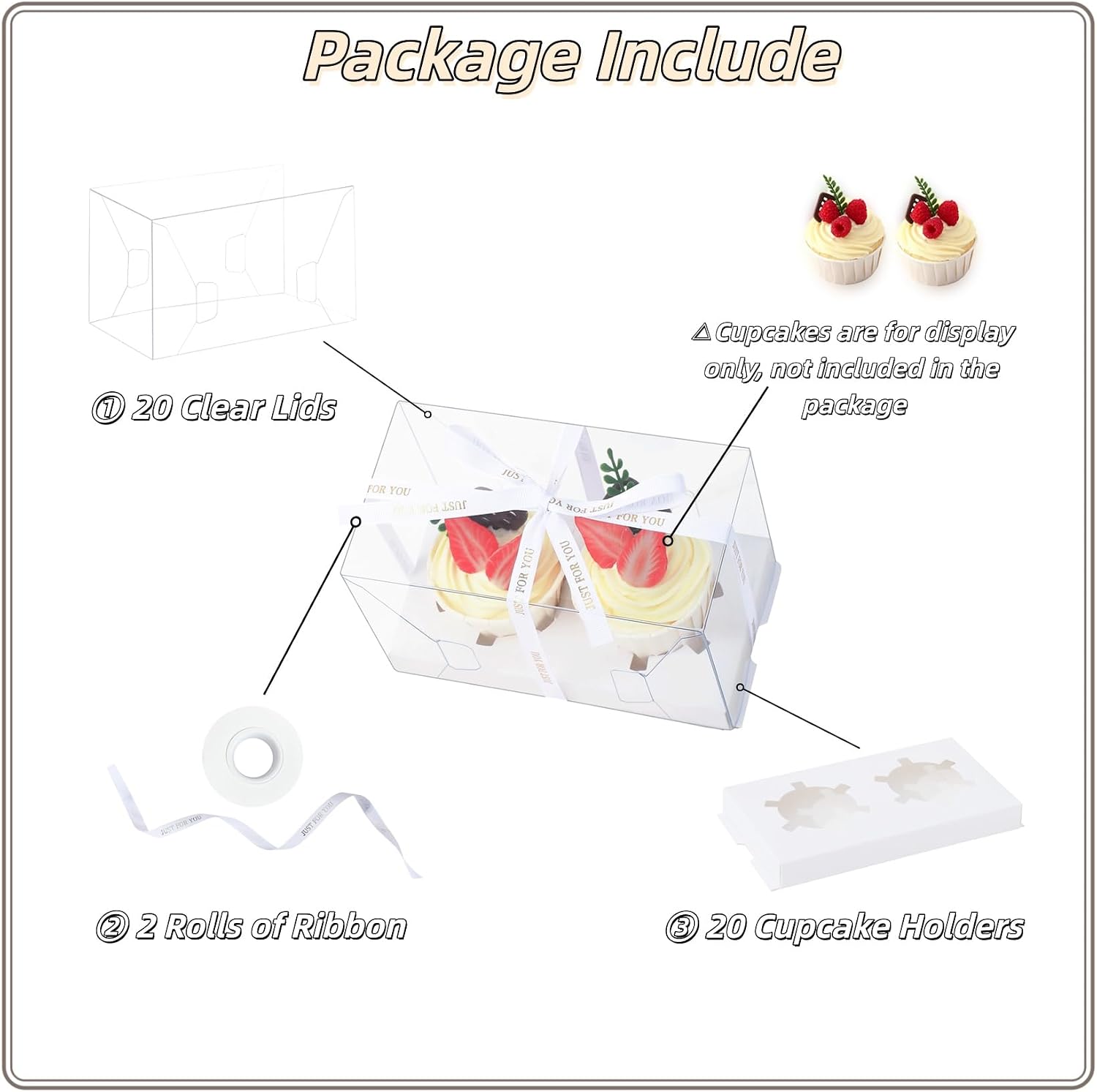 20 Packs 2 Count Clear Cupcake Boxes Cup Cake Holder Containers with Gift Ribbon Cookies Muffins Packaging for Party Baking Wedding plastic Cupcake Carrier for Treat Dessert