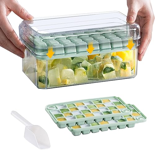 NFGBF Bandeja para cubitos de hielo con tapa y contenedor, paquete de 2 bandejas cuadradas para cubitos de hielo para congelador, 60 bandejas para