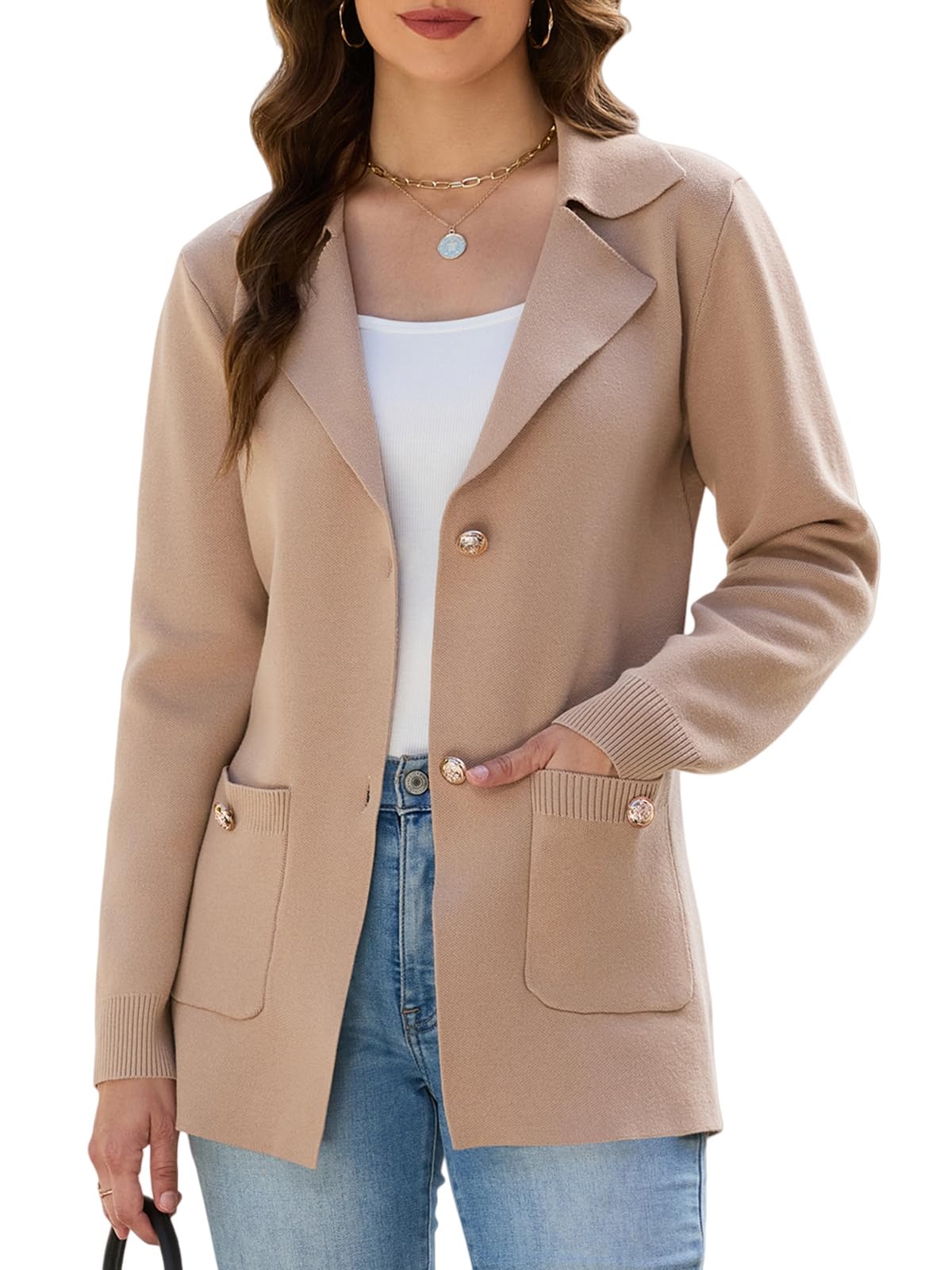 HOUZONIY Sweater Blazers for Women Business Casual Long Sleeve Open Front Lapel Suit Jackets Work Soft Blazer with