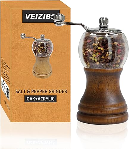 Vista 17 de Juego clásico de molinillo de pimienta de madera con batido de mano y magnífico madera de sal y acrílico, cuchillas de cerámica con mango de metal