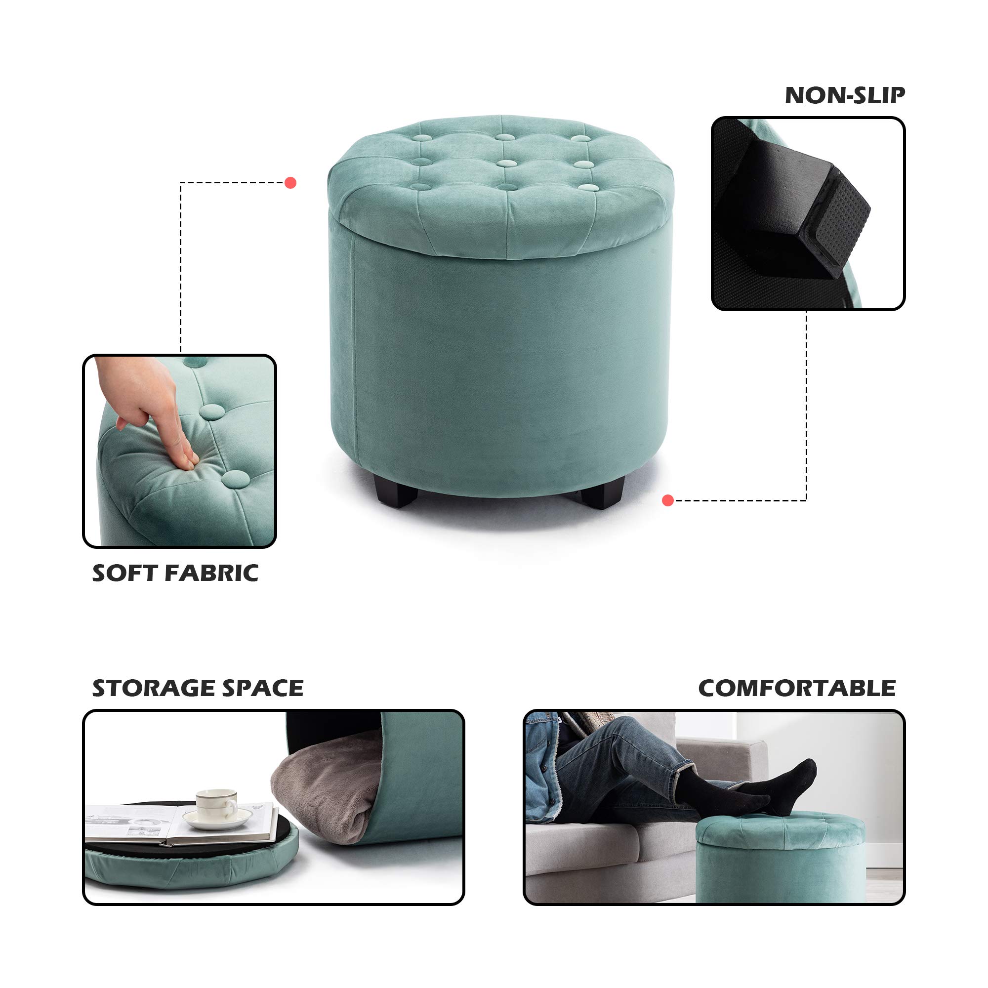 Pouf Rotondo In Velluto Homebeez Con Contenitore - 51,5 Cm, Poggiapiedi E Tavolino Con Coperchio In Legno, Grigio Chiaro