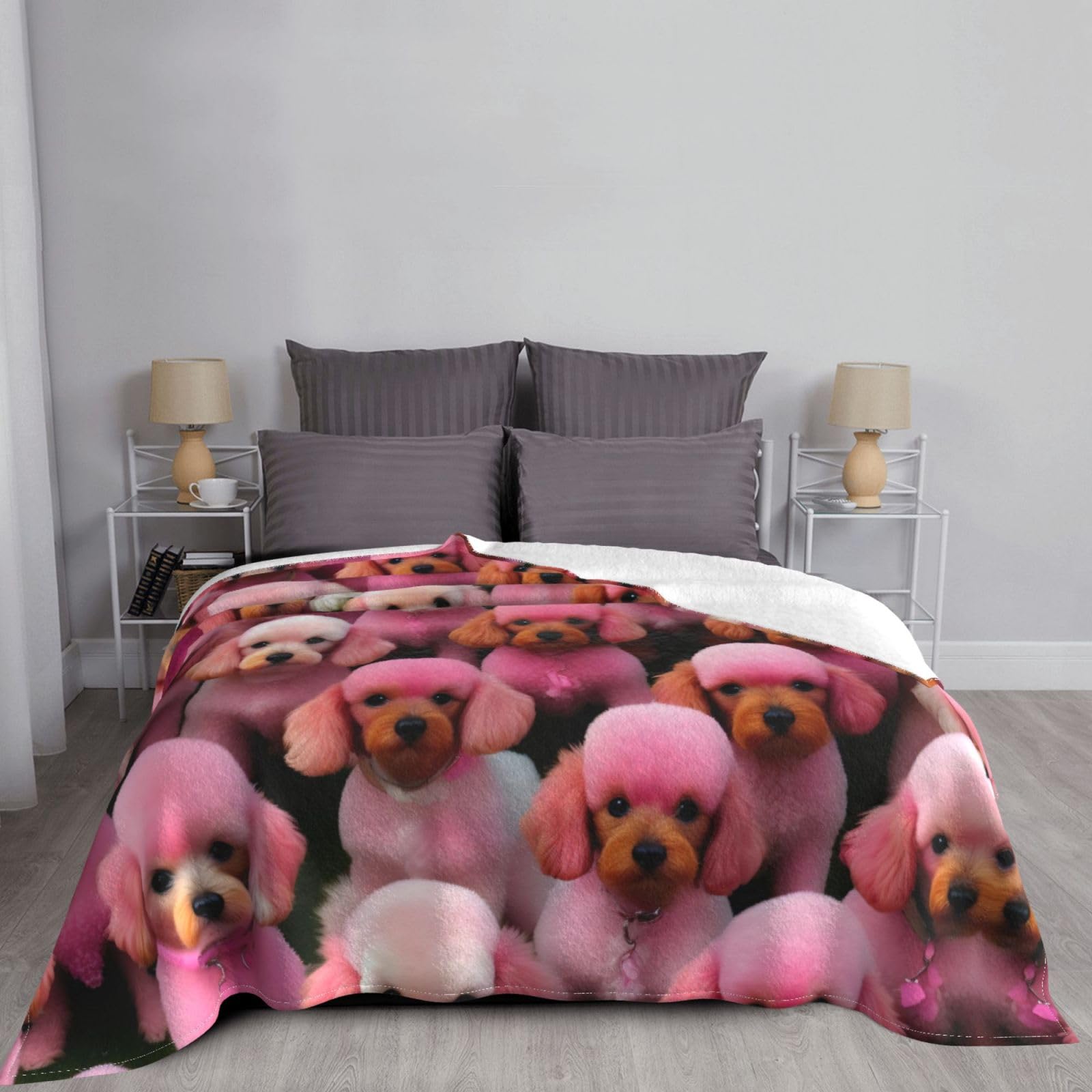 Coperta decorativa in morbida flanella calda e accogliente per bambini, cane, gatto, 127 x 152 cm, stampa di barboncini rosa