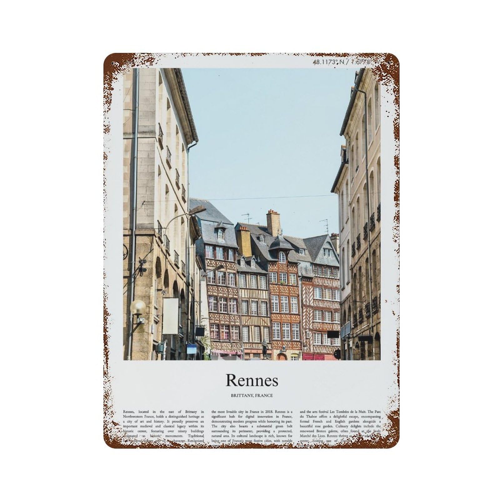 xiaoxiaoshen Rennes Brittany, France City Scenery Wall Decor Art Metal Tin Poster Modern Home Decor Art Home Bar Shop Decorations Vintage Sign 40x30cm