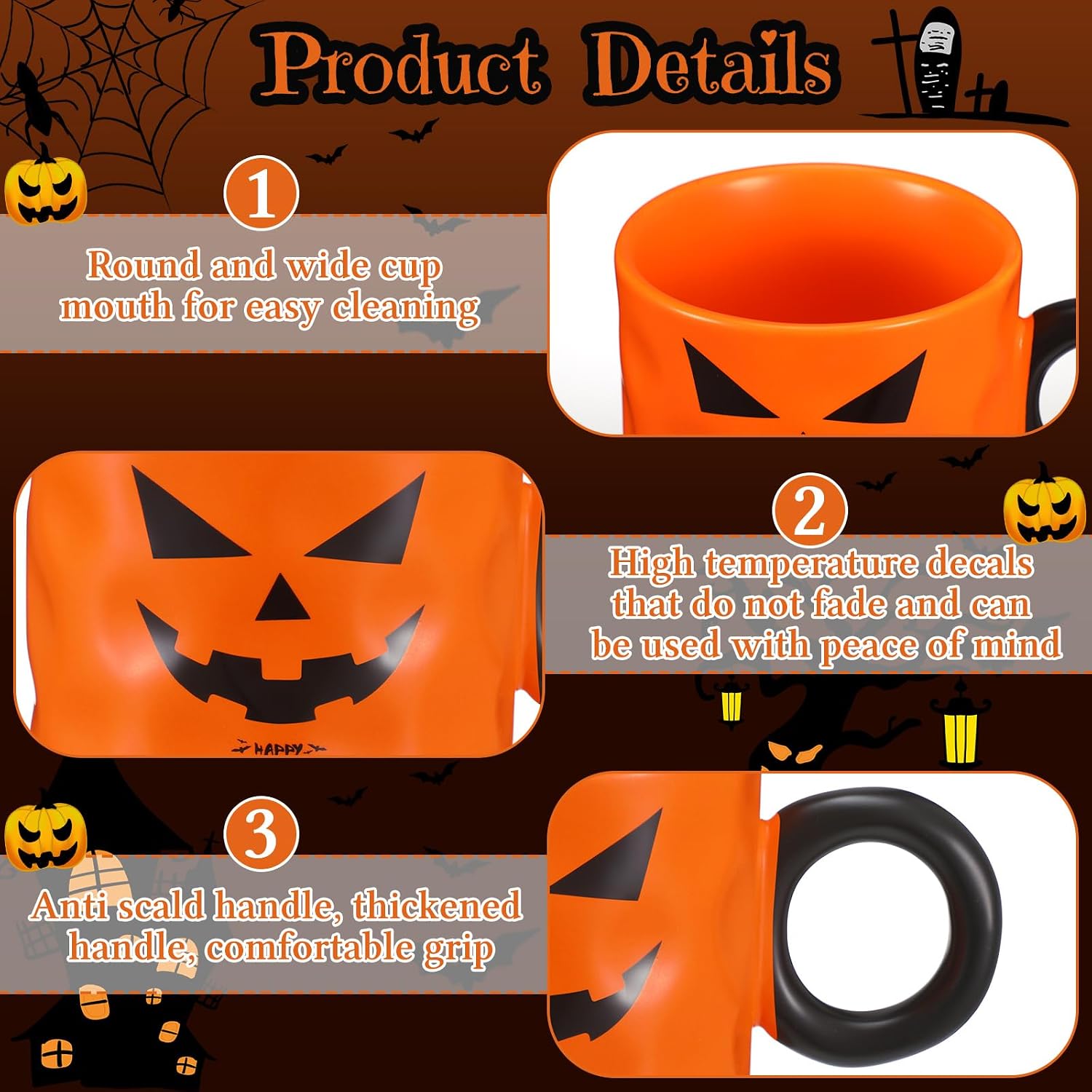Zhehao 4 Piece 15oz Halloween Coffee Mugs Set with Handle Halloween Ceramic Matching Mugs for Home Office Table Centerpieces Housewarming Holiday Party Gift(Cute Style)
