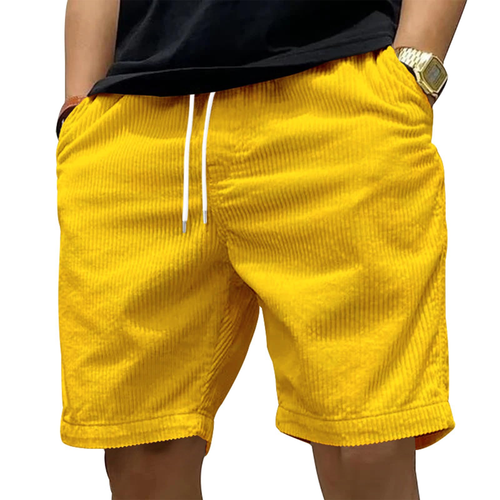 Mens Drawstring Corduroy Shorts 7 inch Elastic Waist Casual Summer Beach Sports Trousers with Pockets for Men