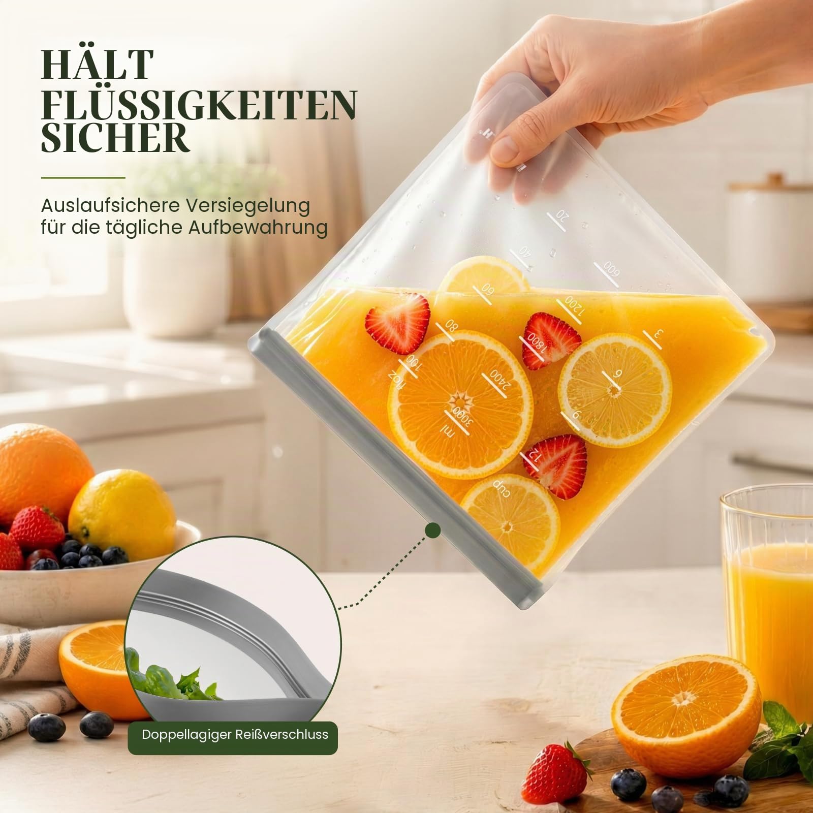 IDEATECH Wiederverwendbare Beutel, spülmaschinenfest, BPA-frei, wiederverwendbare Gefrierbeutel, stehend, auslaufsichere Silikonbeutel für Lebensmittelaufbewahrungsbehälter, Salat, Obst, Gemüse