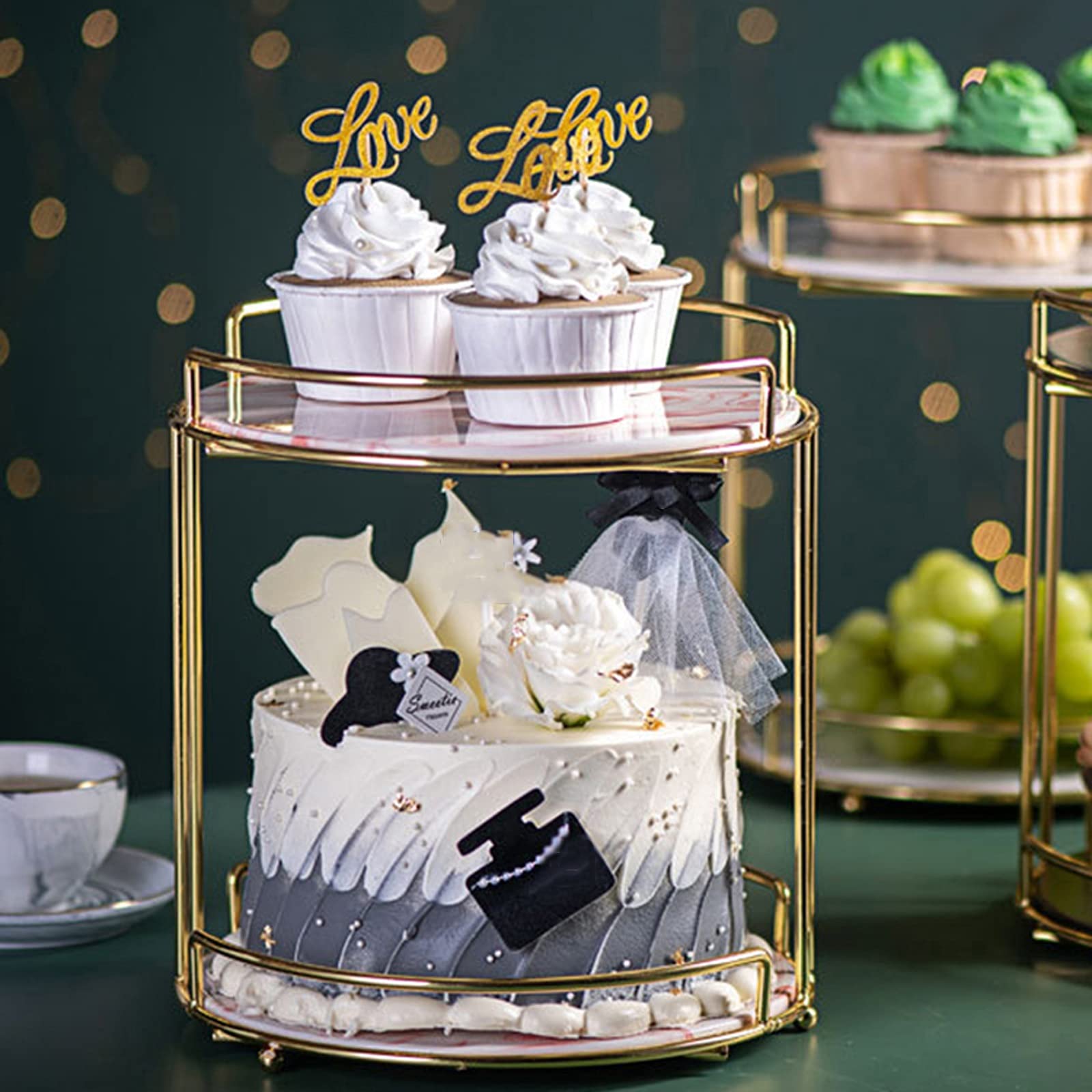 Bandejas para Tartas Mesa de postre de cerámica de soporte de doble capa con soporte de metal Multiuso Magdalena Pantalla Pastel de boda Pastelería Sirviendo bandeja Soporte para Cupcakes