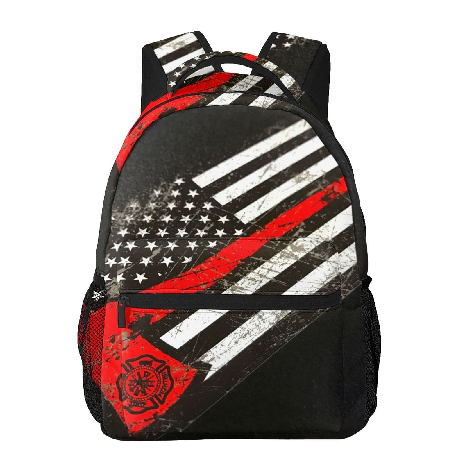 USA Thin Red Line Firefighter Axe Pattern Casual School Backpack Bag Laptop Hiking Travel Shoulder Daypack College Bookbag