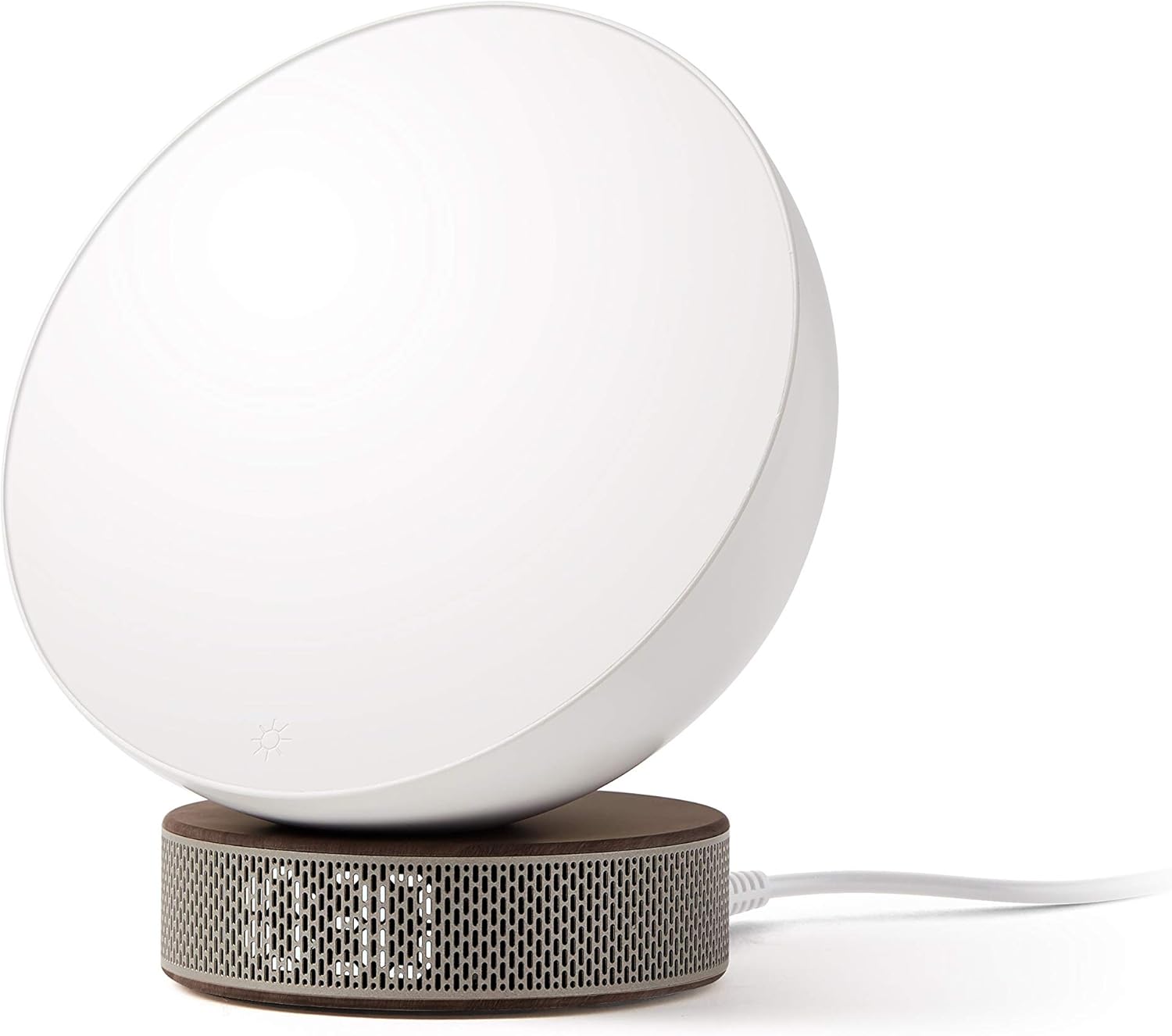 جانب view of the Lexon Miami Sunrise alarm clock, showing the micro-USB power cable connected to the base.