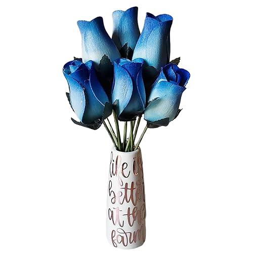 Scented Blue Rose Bouquet In White Ceramic Vase With Farm Life Quote, WIth Fragrance Spray Artificial Flora 10 PCS Fake Flowers for Farmhouse Home
