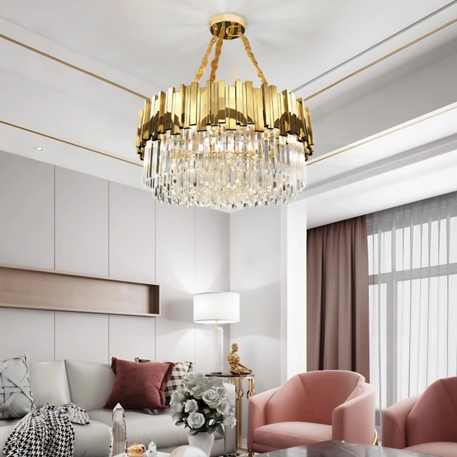 Kryształ żyrandola, Trzy Kolorowe Nowoczesne światło Luksusowa Lampa Sufitowa, Wisząca łańcuch Regulowany Do Jadalni Sypialni Do Salonu(Size:80cm)