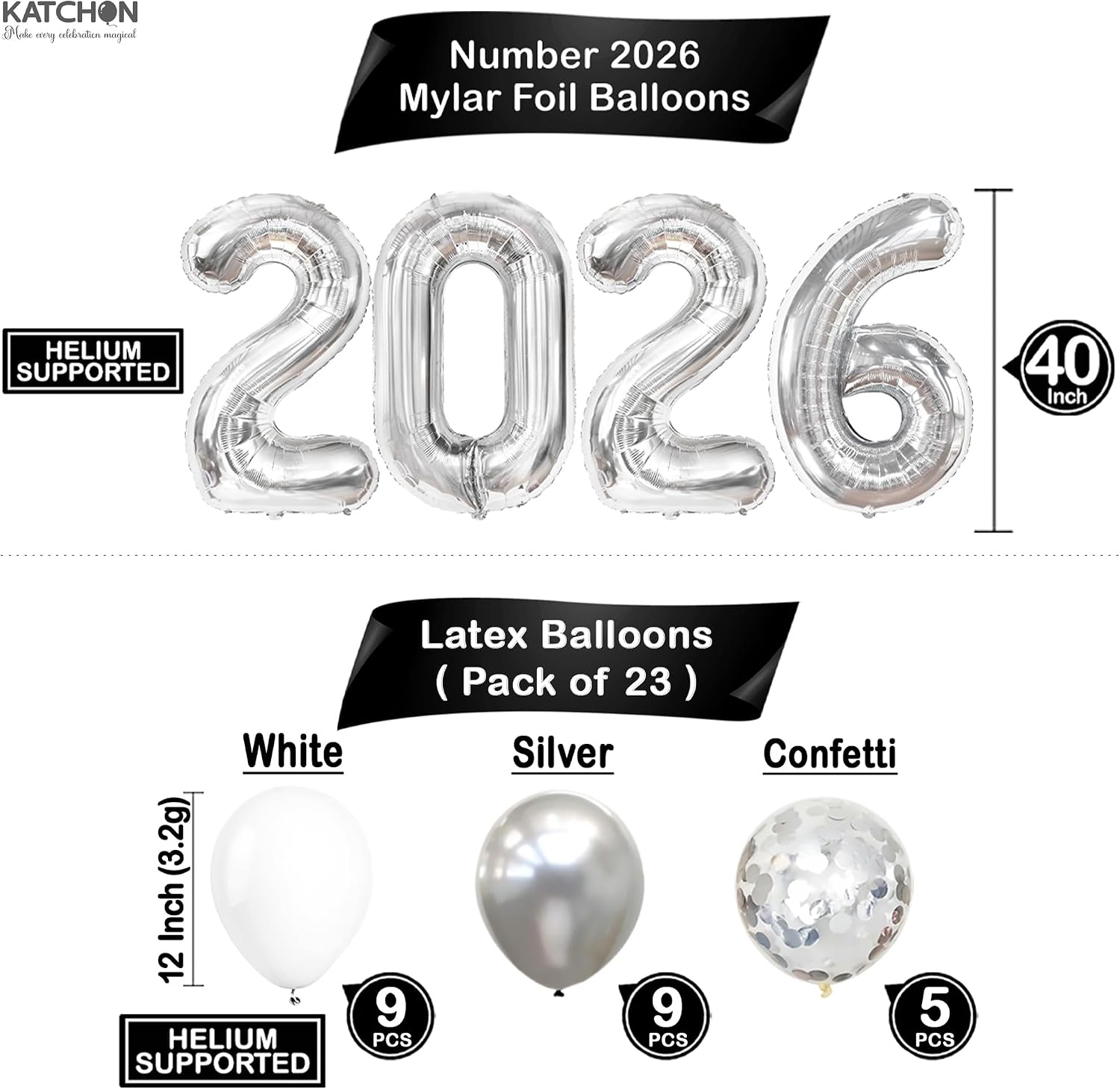 Silver 2026 Balloons Graduation Set - Pack of 35 | Graduation Decorations 2026, Congrats Grad Balloons 2026 Balloons, Confetti Balloons, Congrats Grad Balloons Decorations - KatchOn