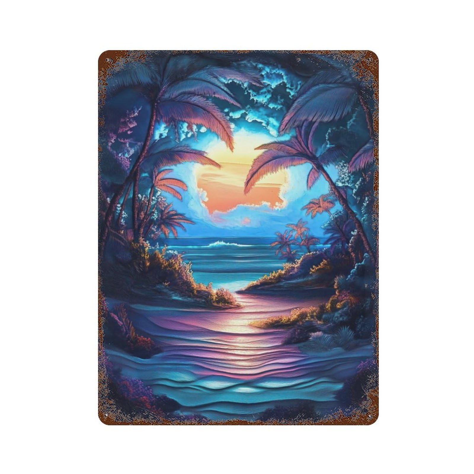 Tropical Sunset Beach Aged Metal Wall Plaque 15.7"x11.8", Industrial Home Decor for Pub, Kitchen And Man Cave Decor