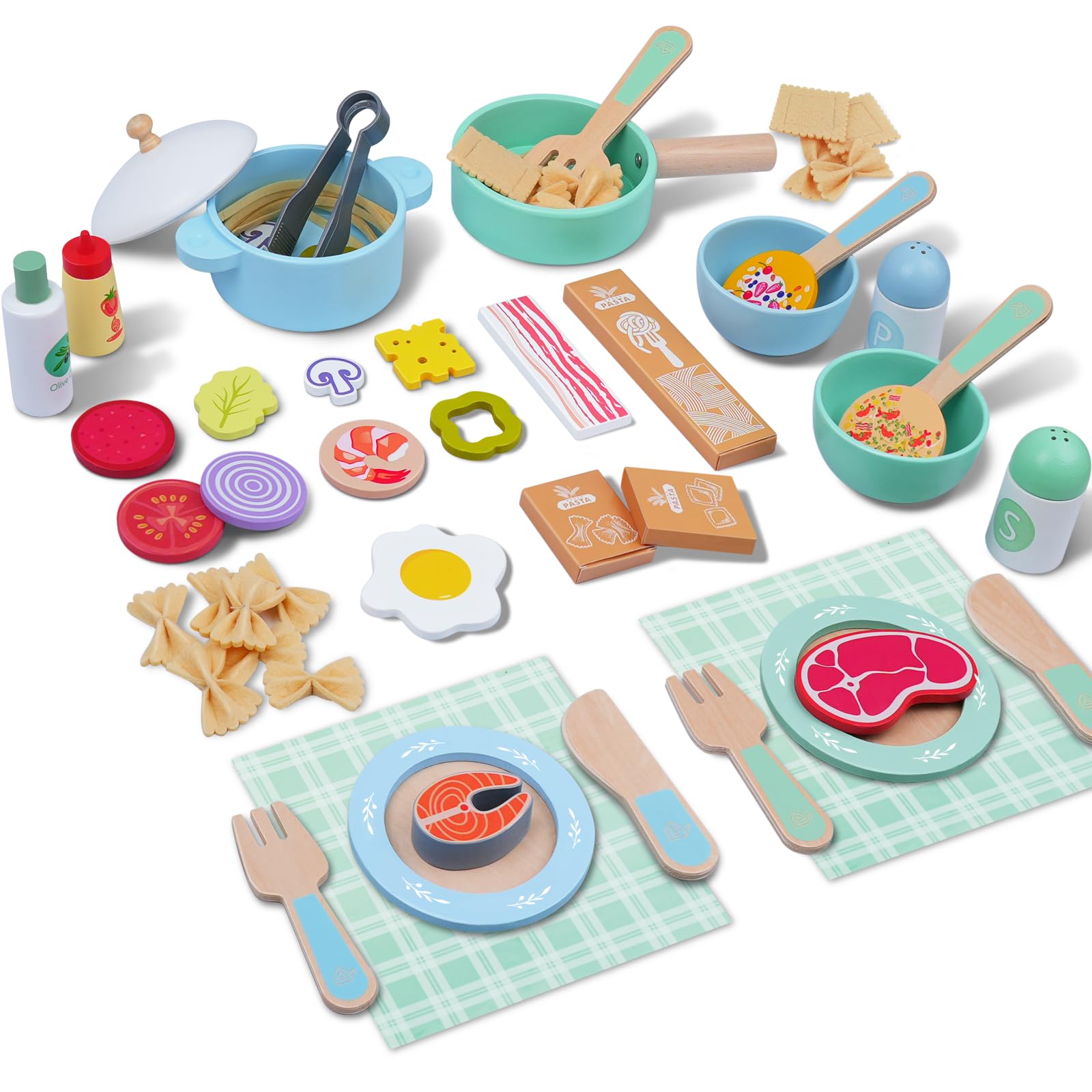 SIMPLIPLAY Wooden Play Cooking Set, Play Kitchen Accessories, Montessori Kitchen Set, Play Food Sets for Kids Kitchen with Play Pots and Pans, Play Dishes, Shopping Bag for Kids Toddlers Gift