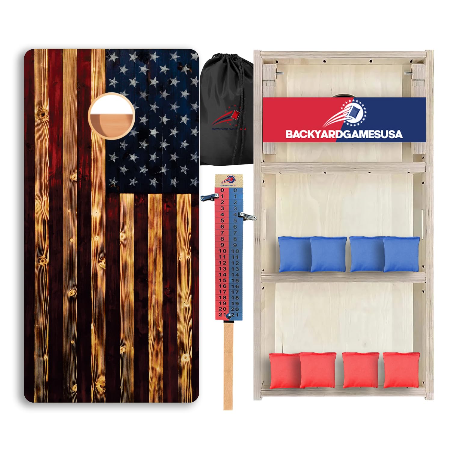 CornholeGamesUSA Pro Cornhole Boards Set | Made in USA | 3/4 Baltic Birch | No Bounce | Triple Thick Legs | Two Brace & Handles, Tournament 2x4 Regulation Set with Score Tower & Cornhole Bags
