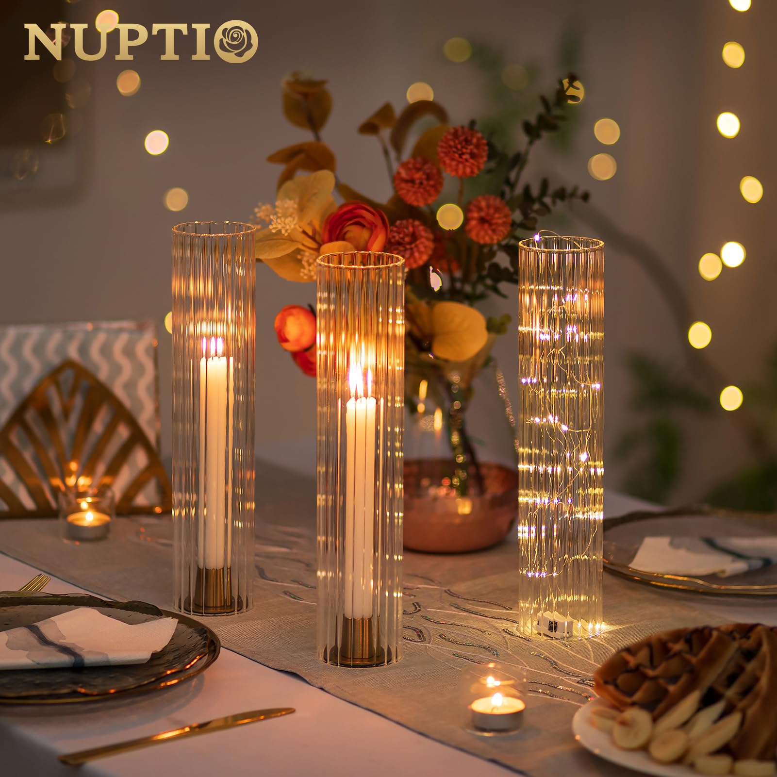 NUPTIO Portacandele a Uragano Matrimonio: 30cm x 6,5cm Paralume in Vetro A Coste per Candelieri - 6 Coperchi Decorativi per Candele A Cilindro Senza Fondo per Centrotavola All'aperto