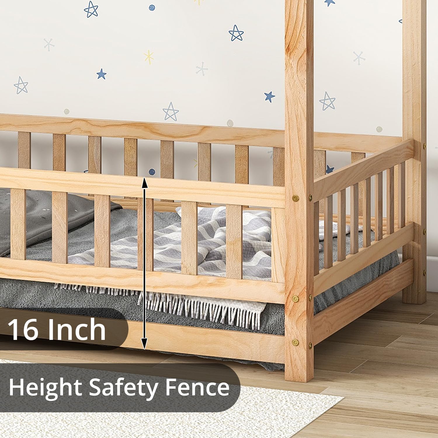 Close-up of the 16-inch height safety fence on the Montessori bed frame