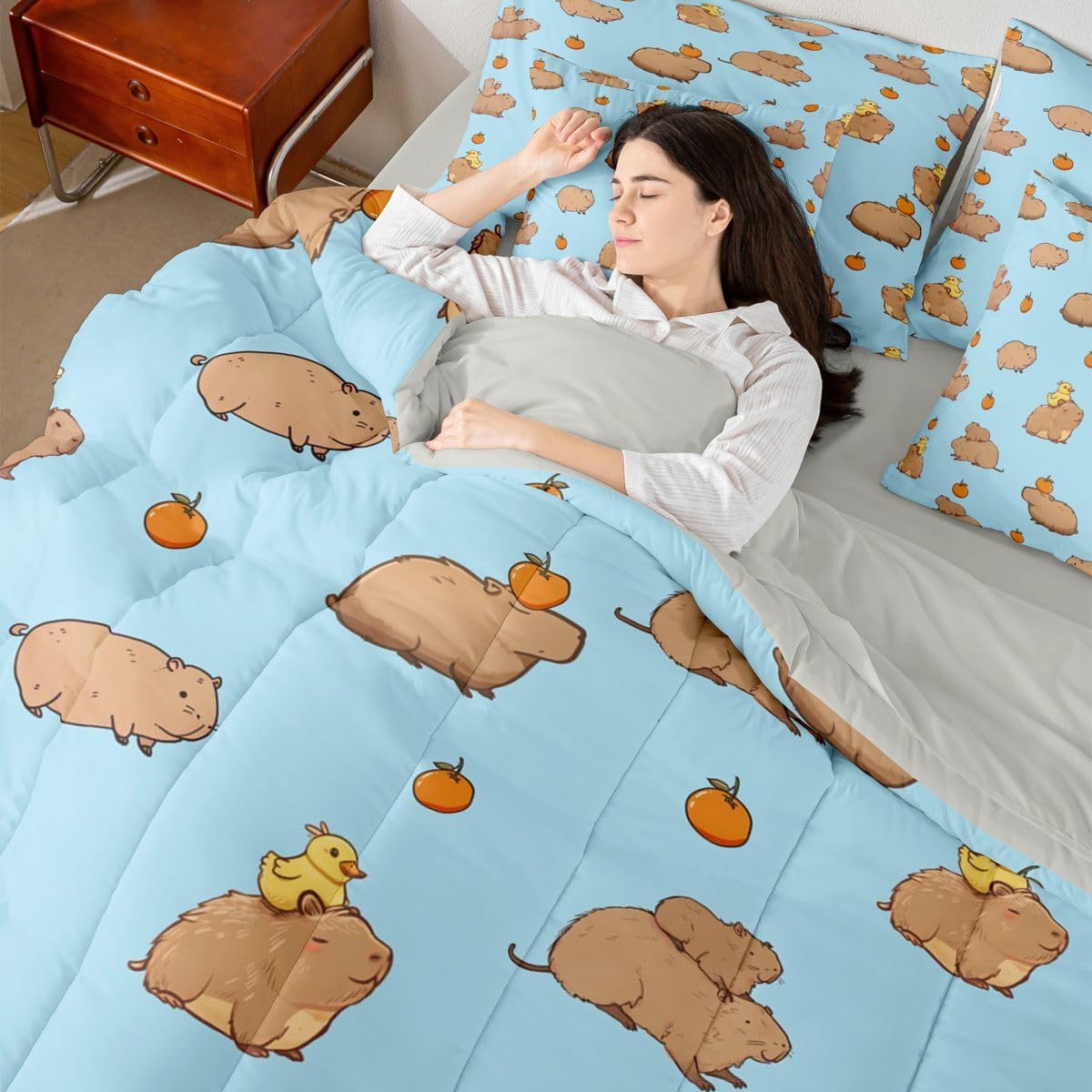 Erosebridal Cartoon Capybaras Twin Bed in A Bag 7 Piece Cute Animals Print Comforter Set with Sheets Capybara Lovers Ducks Bedding Sets for Kids Adults,Blue Khaki Capybara Bed Set