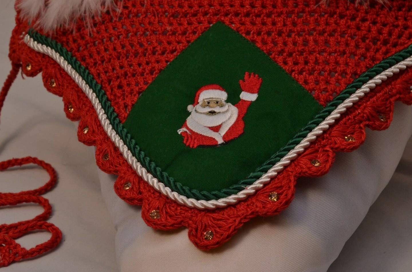 Horse Christmas Santa Claus Saddle PAD Set with Matching Fly Bonnet Ear NET Cotton Hand Made Crochet Fly Veil Hood MASK Equestrian Shows Breathable Cotton (Full/Horse)