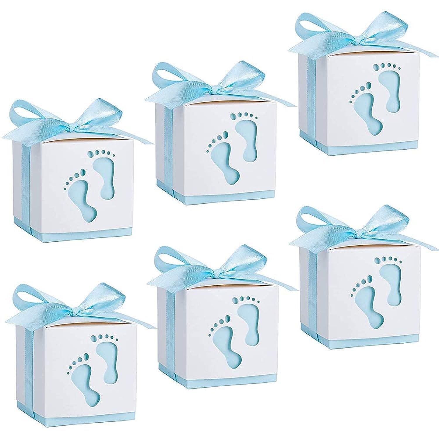 KASTWAVE Baby Footprints Gift Boxes With Ribbon, 50 Pieces for Baby Showers, Kids Birthday, Wedding Party (Blue)