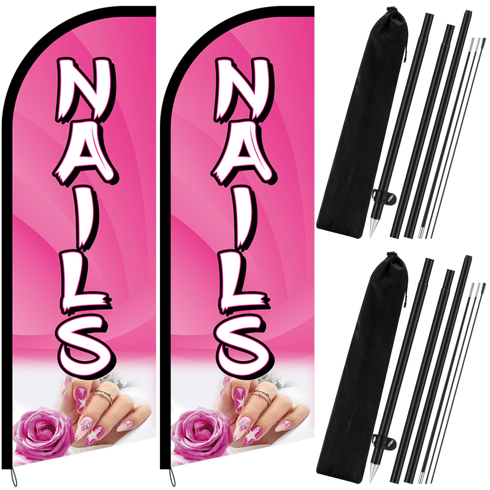 Fanfanwin 2 Sets Nails Salon Feather Flag Sign 7FT Nails Flags for Business Pole Kit with Stainless Steel Ground Spikes Portable Bags Pink Feather
