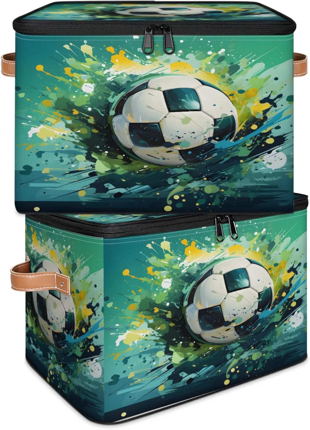 Storage Bin Set of 2 Watercolor Soccer Storage Basket with Zipper Lid & Handle Foldable Closet Shelf 2 Pack Cloth Organizer Basket Cube Bins Clothes Organizer for Nursery, Bedroom