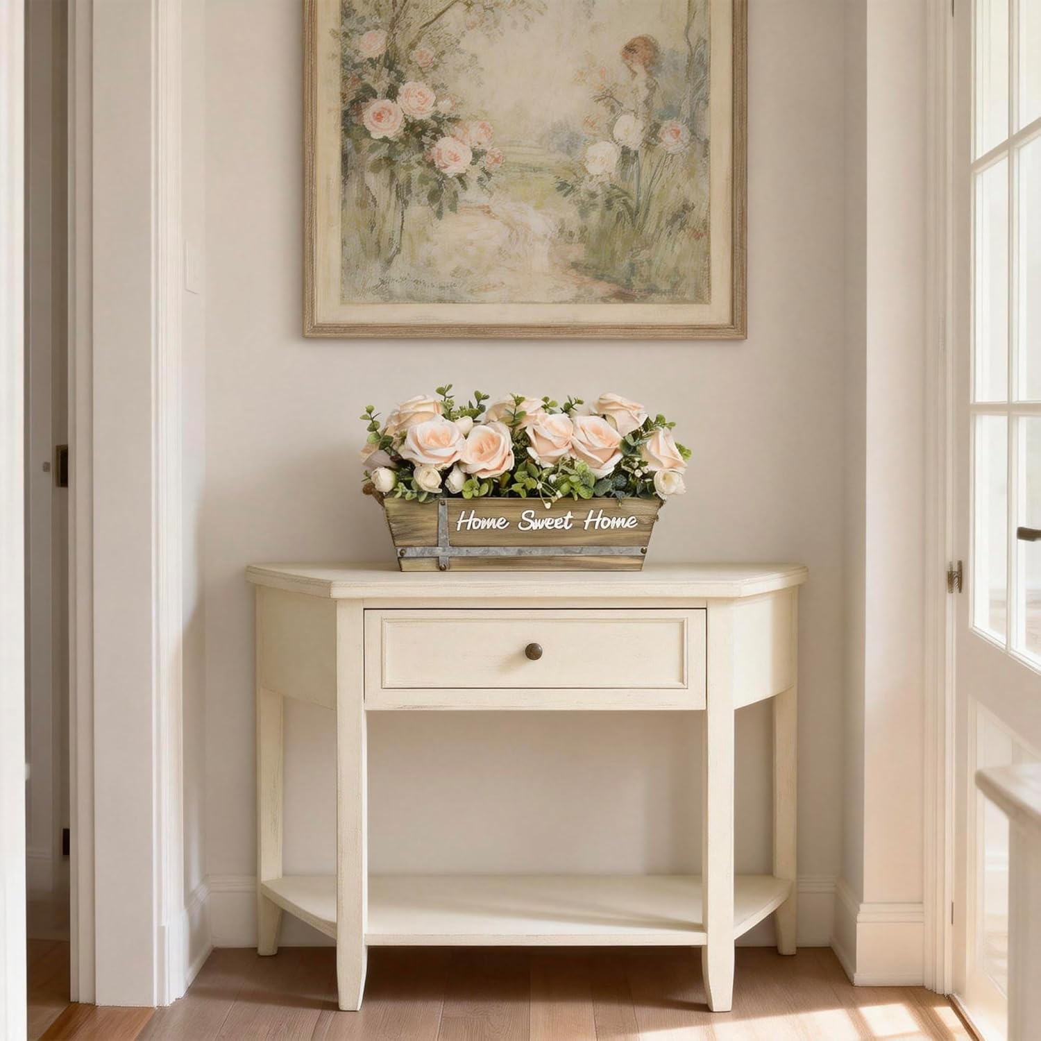 Artificial Rose Flower Arrangement with Eucalyptus in Wooden Planter, Faux Flowers Farmhouse Table Centerpiece, “Home Sweet Home” Rustic Home Décor, Champagne
