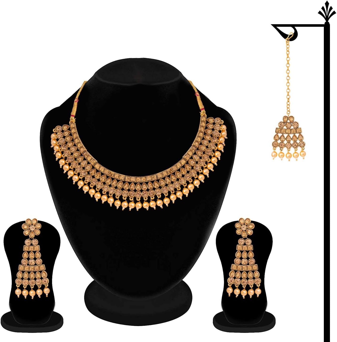 I Jewels Traditional Gold Plated Handcrafted Stone Studded & Pearl Necklace Set with Earrings & Maang Tikka for Women