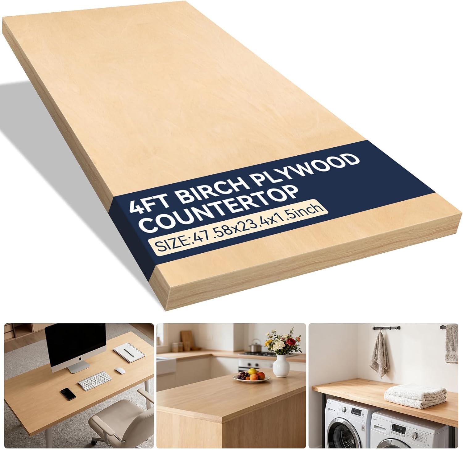 4FT Birch Plywood Countertop, 47.58" L x 23.4" W x 1.5" Th Table Top for DIY Furniture Projects, Standing Desk, Office Table, Workbench, Table Top Only for Coffee Bar Table