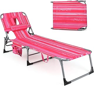 Costway Beach Chaise Lounge Chair, Patio Folding Reclining Chair, Portable & Lightweight Camping Bed or Cot w/ 5 Adjustabl...