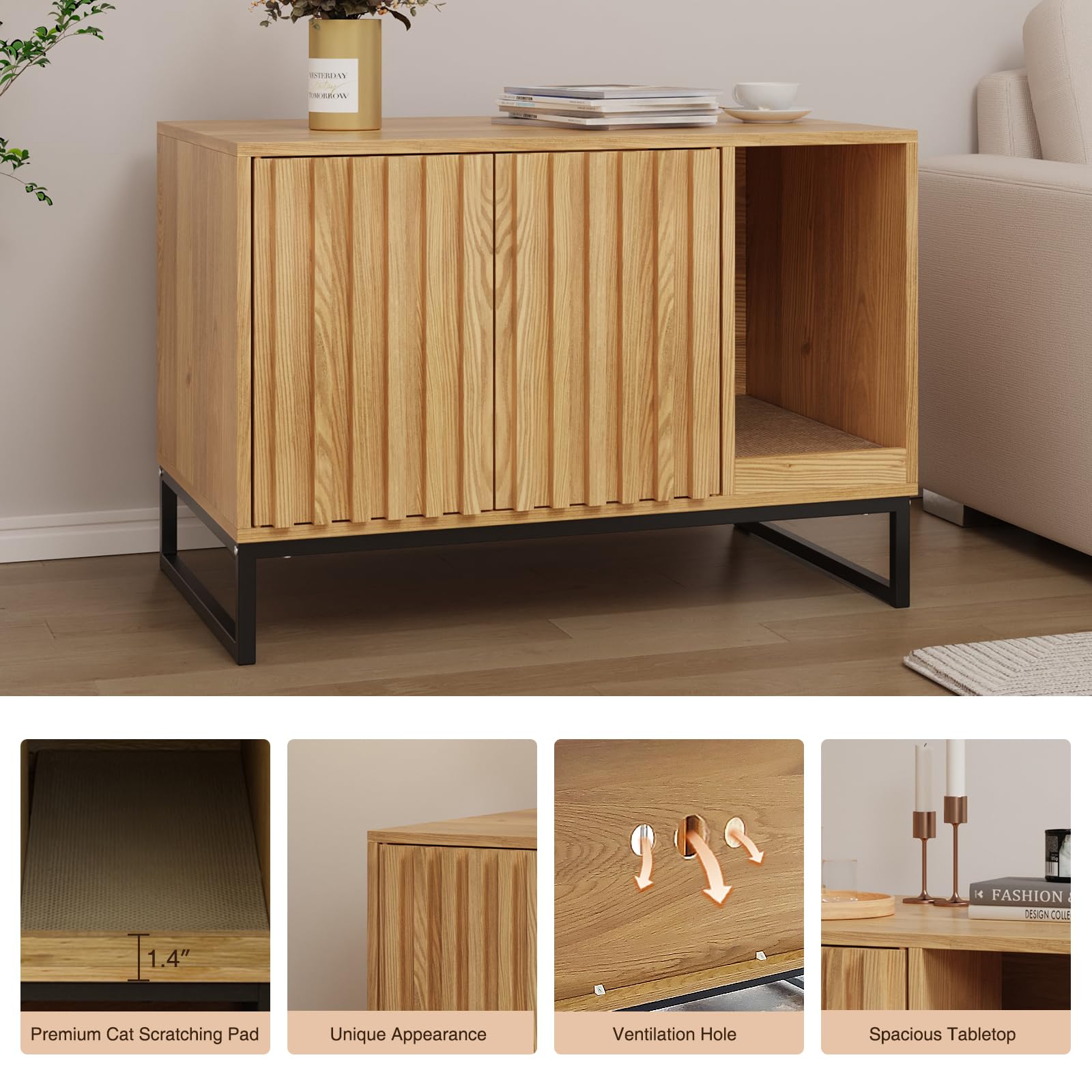 Vabches Litter Box Enclosure, Modern Fluted Cat Hidden Litter Box Furniture with Scratch Pad, Cat Washroom House End Table for Living Room, Natural - image 8