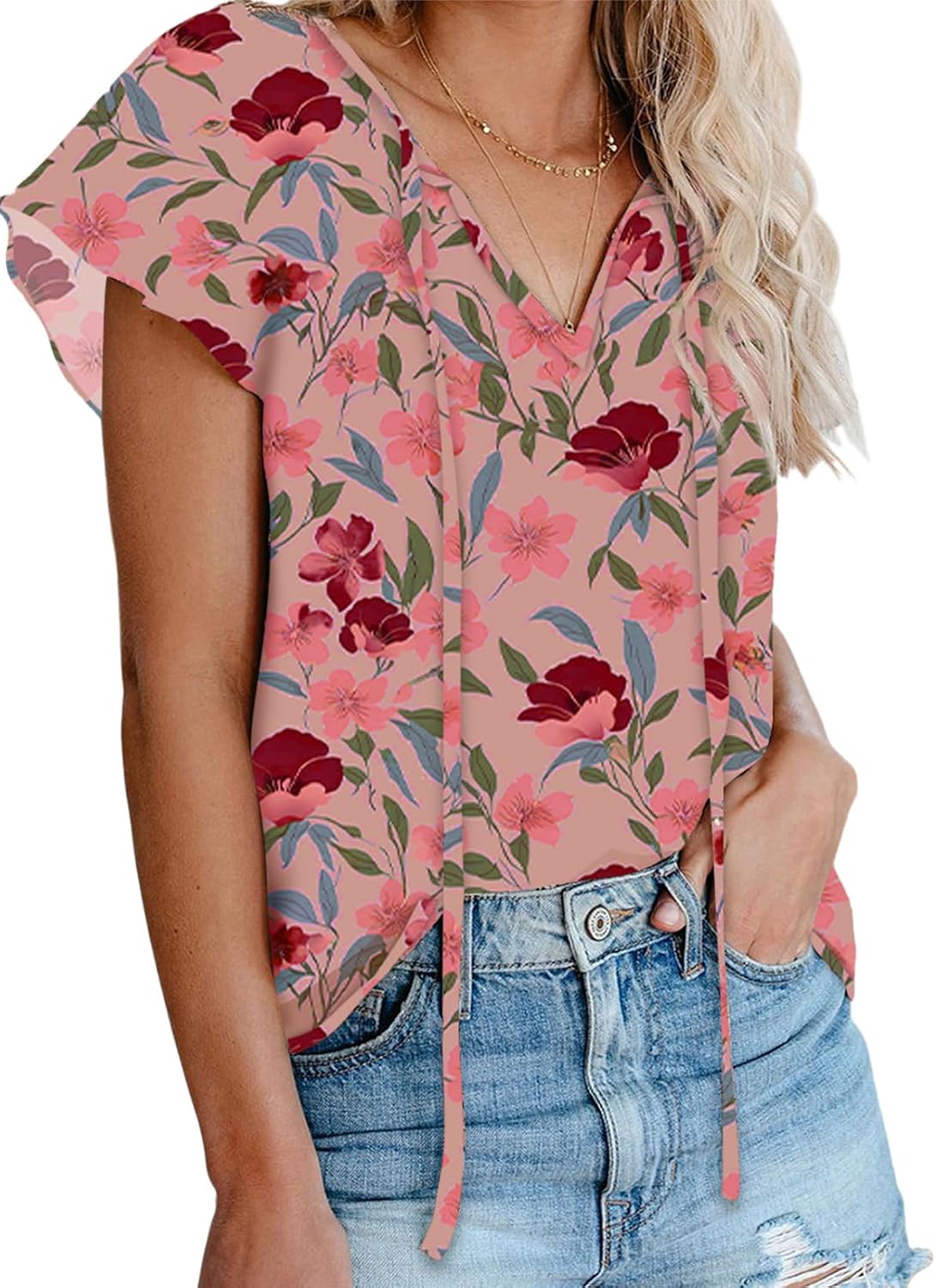 Dokotoo Ladies Summer Floral Printed Shirt for Women V Neck Dressy Summer Chiffon T Shirts Bohemian Tops Tunic Blouses Small Black