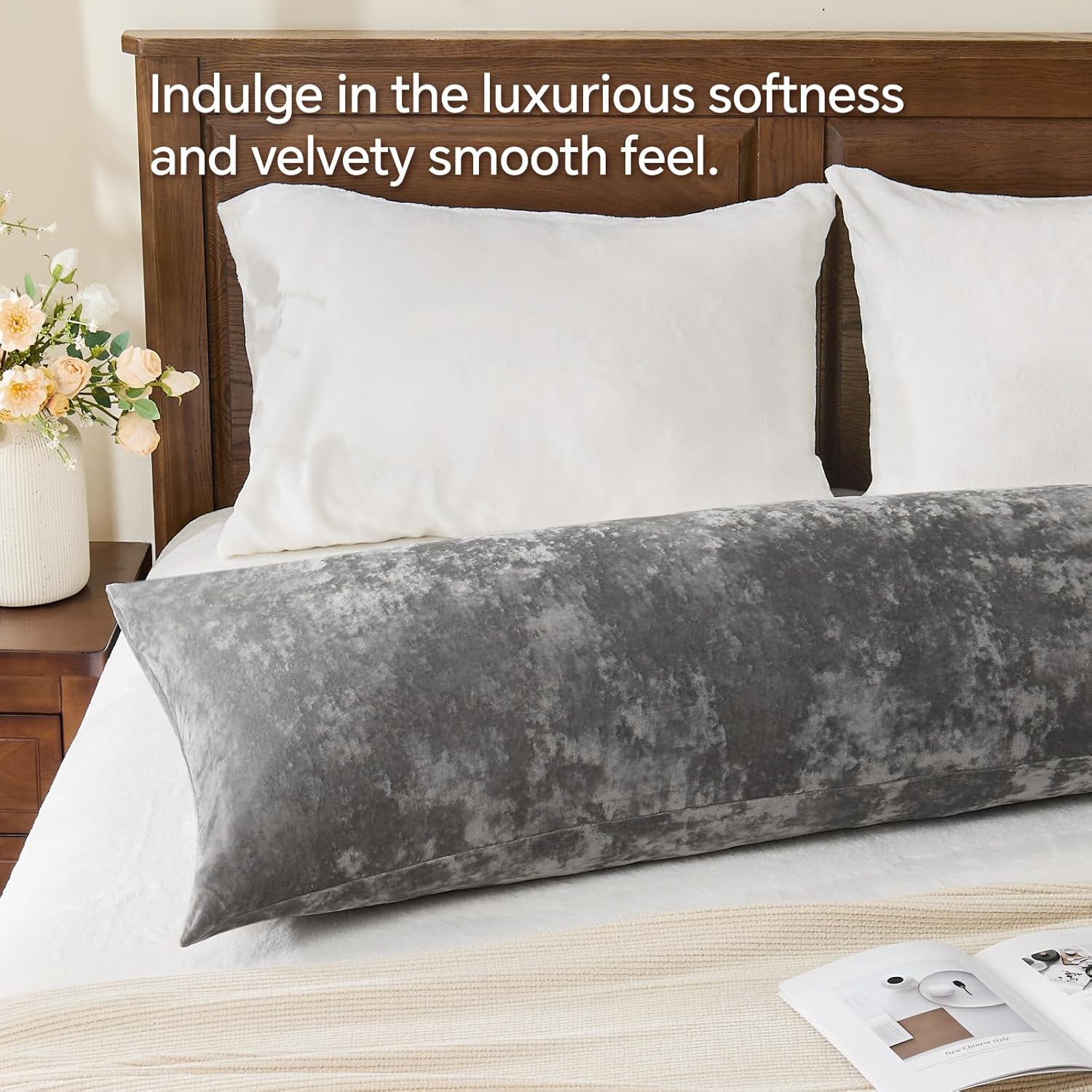 BEDELITE Velvet Body Pillow Cover with Zipper, Soft and Plush 20x54 Long Pillow Case, Velvety Smooth and Cozy Body Pillow Pillowcase for Bedroom and Couch, for All Seasons(Gray) - Image 2