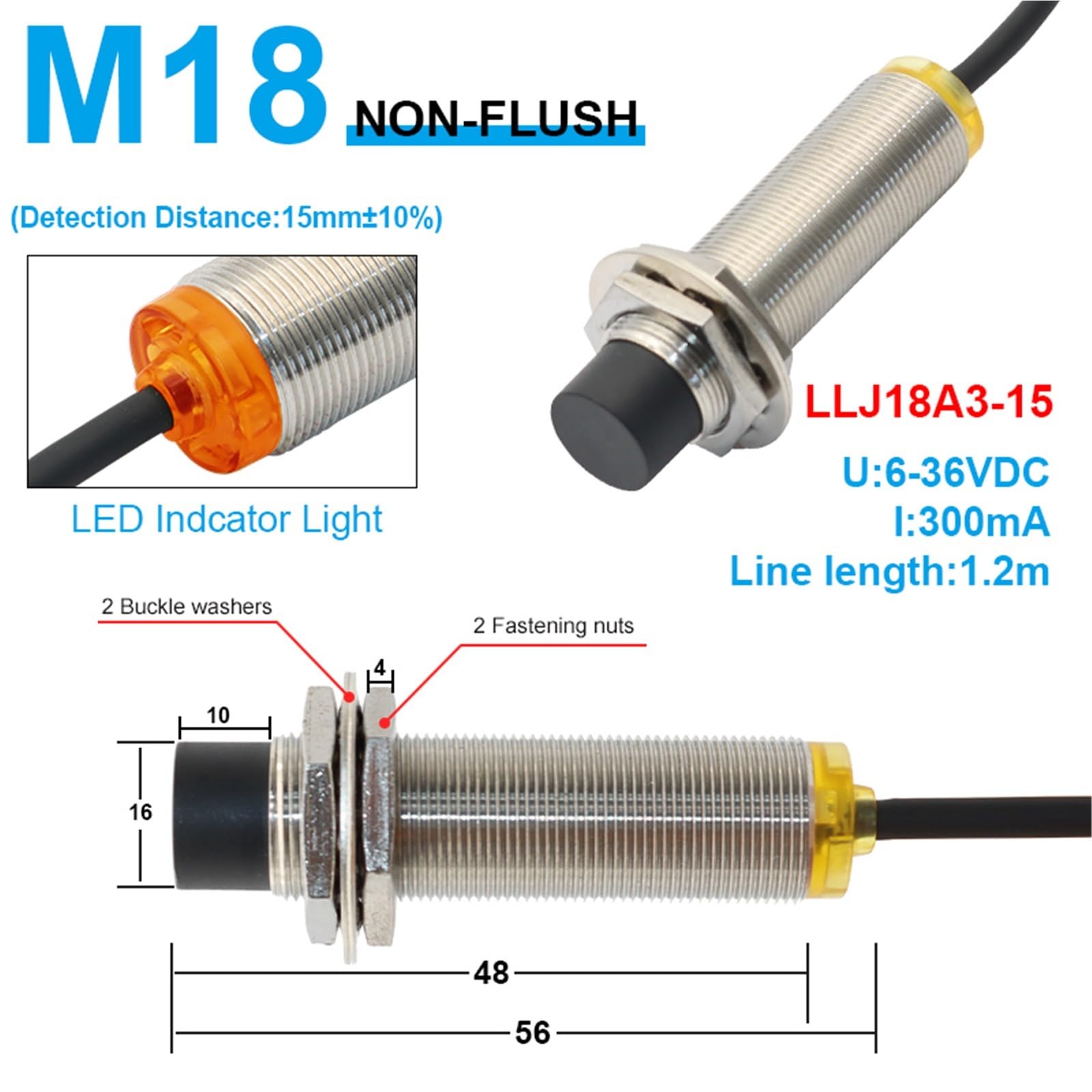 1 szt. M8 M12 M18 czujnik zbliżeniowy dalekiego zasięgu zasięg wykrywania 2/4 4/8 10/15 15/25 mm PNP NPN NO NC LLJ12A3 AC DC 6-36V (LLJ8A3-2, NPN NO)