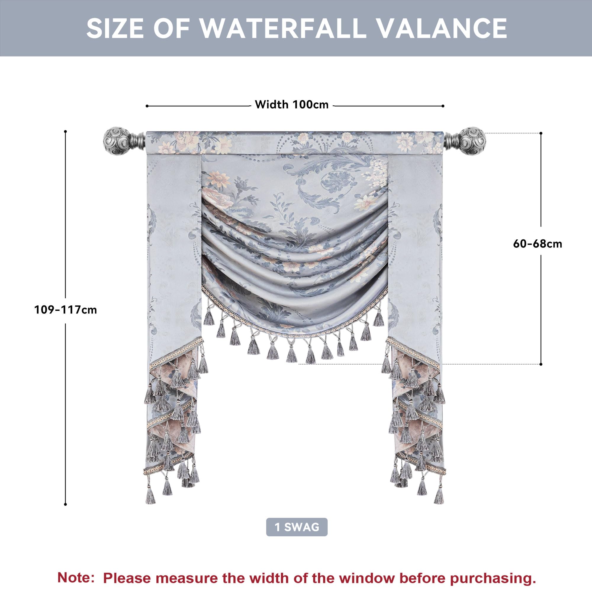 TOPLUXE Swag Valance for Windows Jacquard Waterfall Short Curtain with Tassels for Bedroom Living Room Kitchen Decoration Rod Pocket (Width 100cm - Image 2