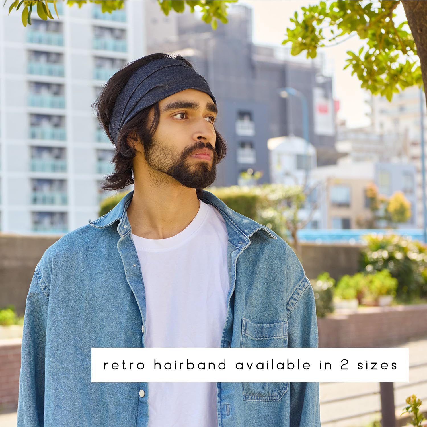 CHARM Japanese Denim Headband for Men & Women, 100% Cotton Head Scarf Hair Bandana, Hand-dyed Boho Jean Bandeau for Daily Fashion Blue M
