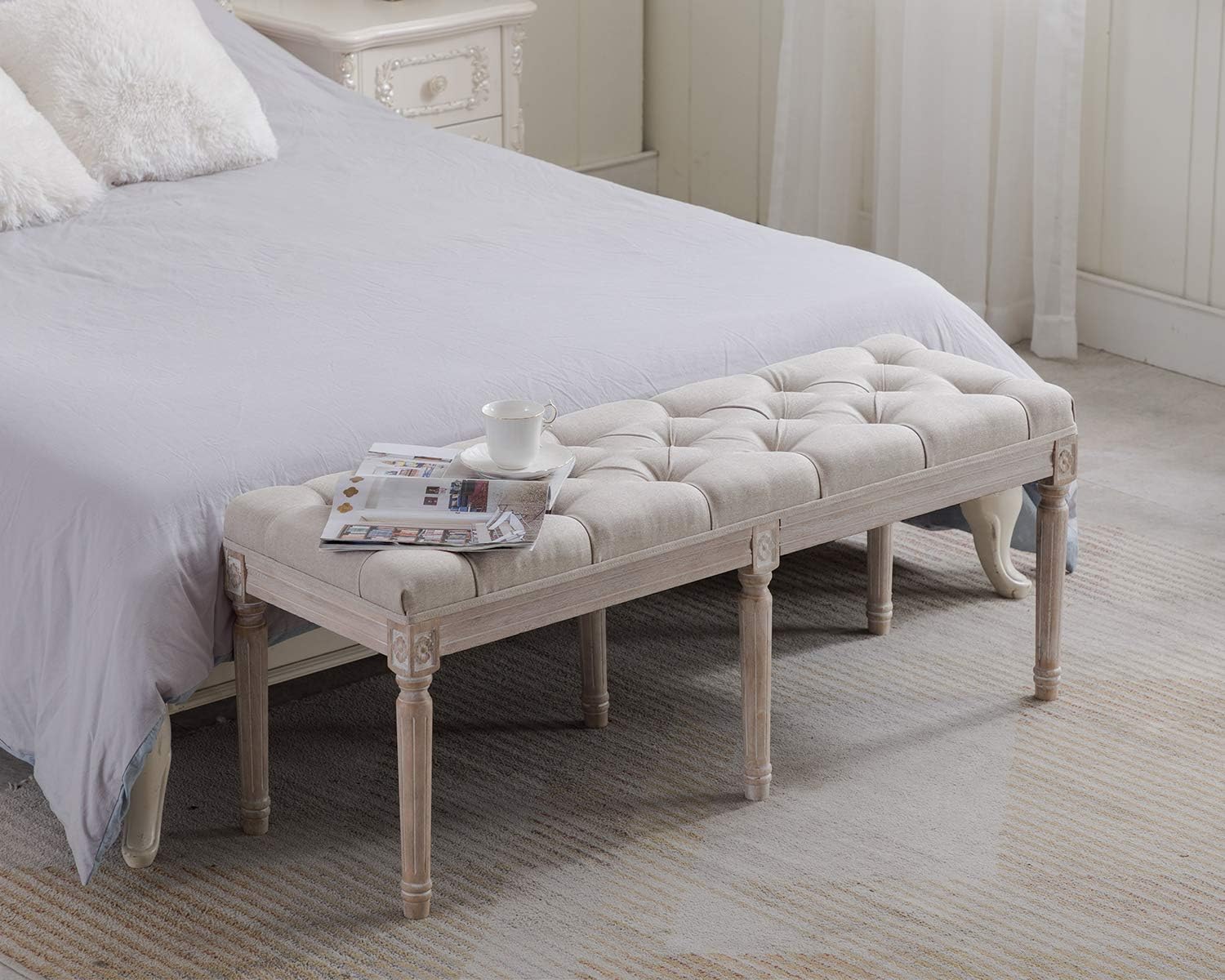 Kmax 45.3" Upholstered Dining Room Bench, Rustic Living Room Ottoman Bench with Carved Pattern & Rustic White Brushed Rubber Wood Legs, Beige