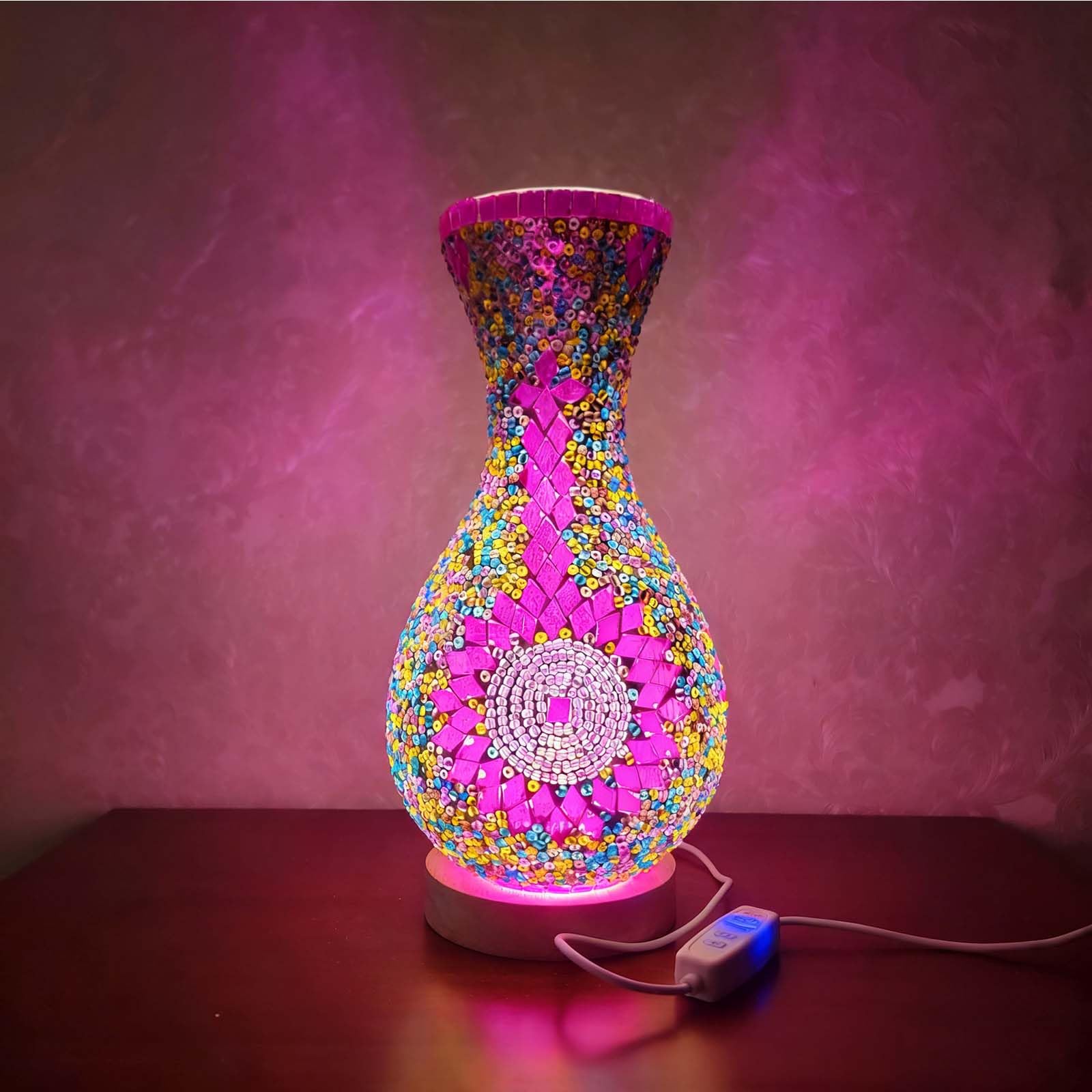wpdash Turkish Moroccan Mosaic Glass Vase Table Lamp with USB Charging – Handcrafted LED Night Light for Bedroom, Living Room, Home Office Decor (13 x 27.9 cm)