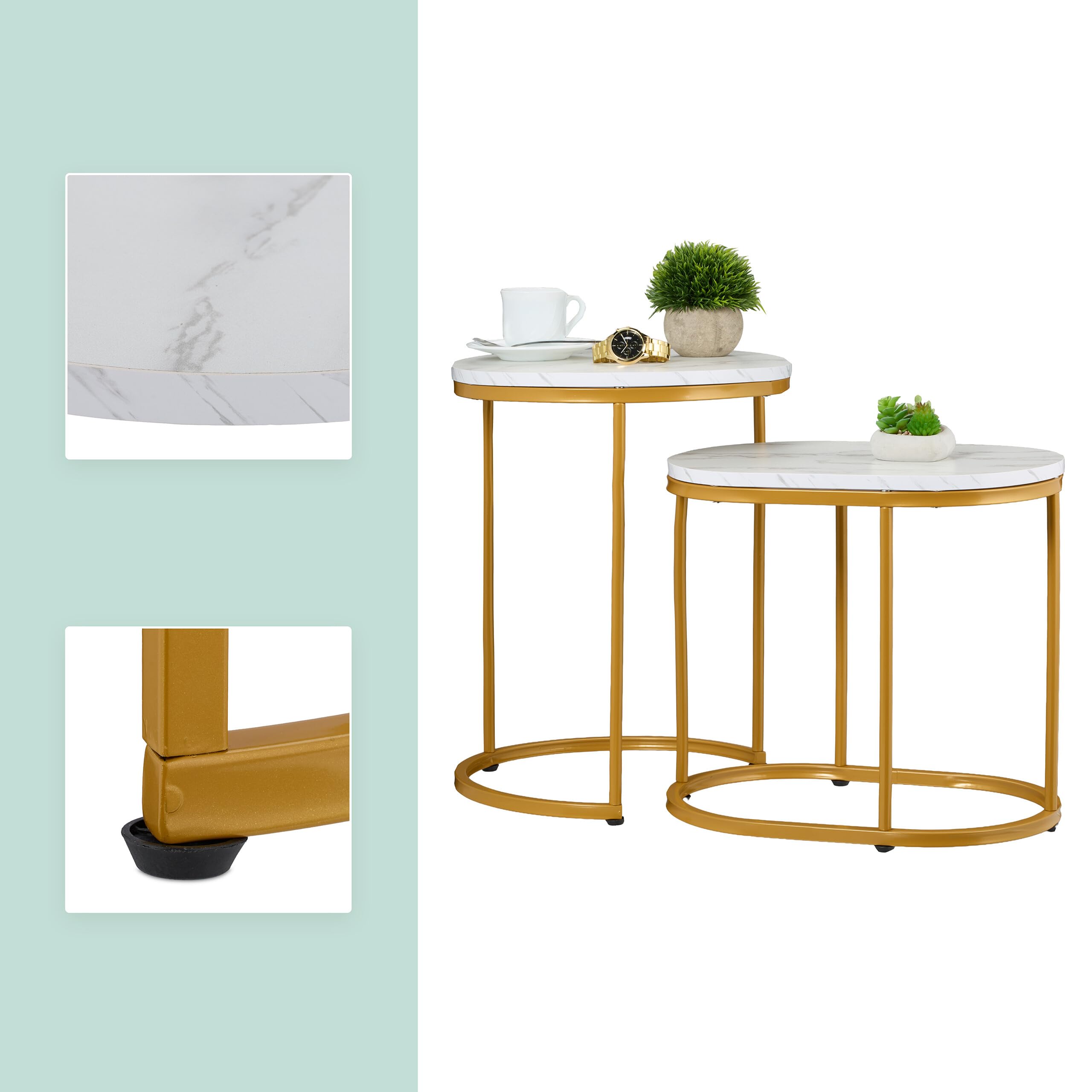 Relaxdays Tavolini da Salotto, 2 Tavoli Bassi caffè da Divano Soggiorno, Tondo e Ovale Stile Marmo, Metallo, Bianco Oro